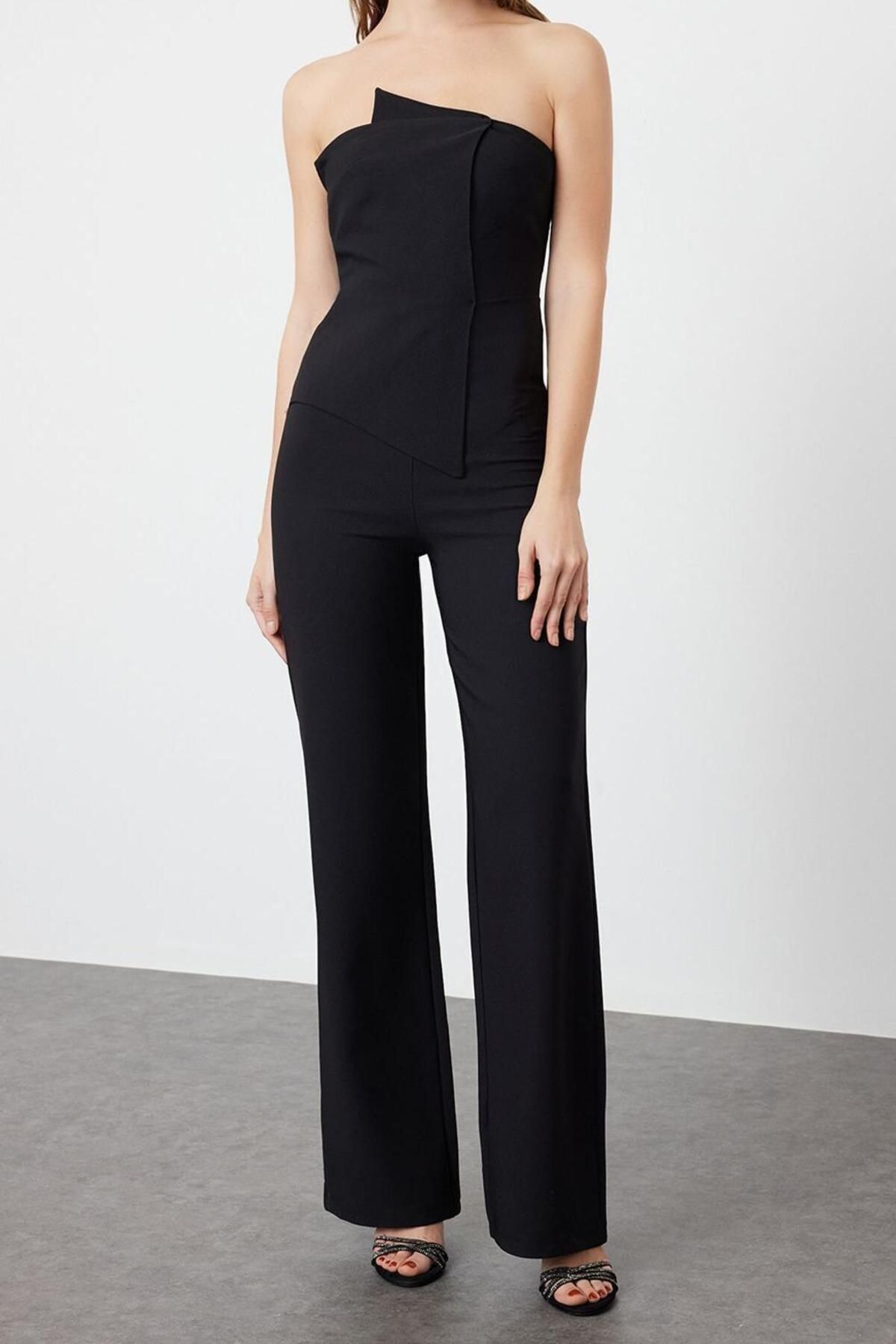 Kadın Moda Standart Kol Boru Paça Straplez Düz Desen Uzun Yaka Detaylı Dokuma Tulum - Görsel 3