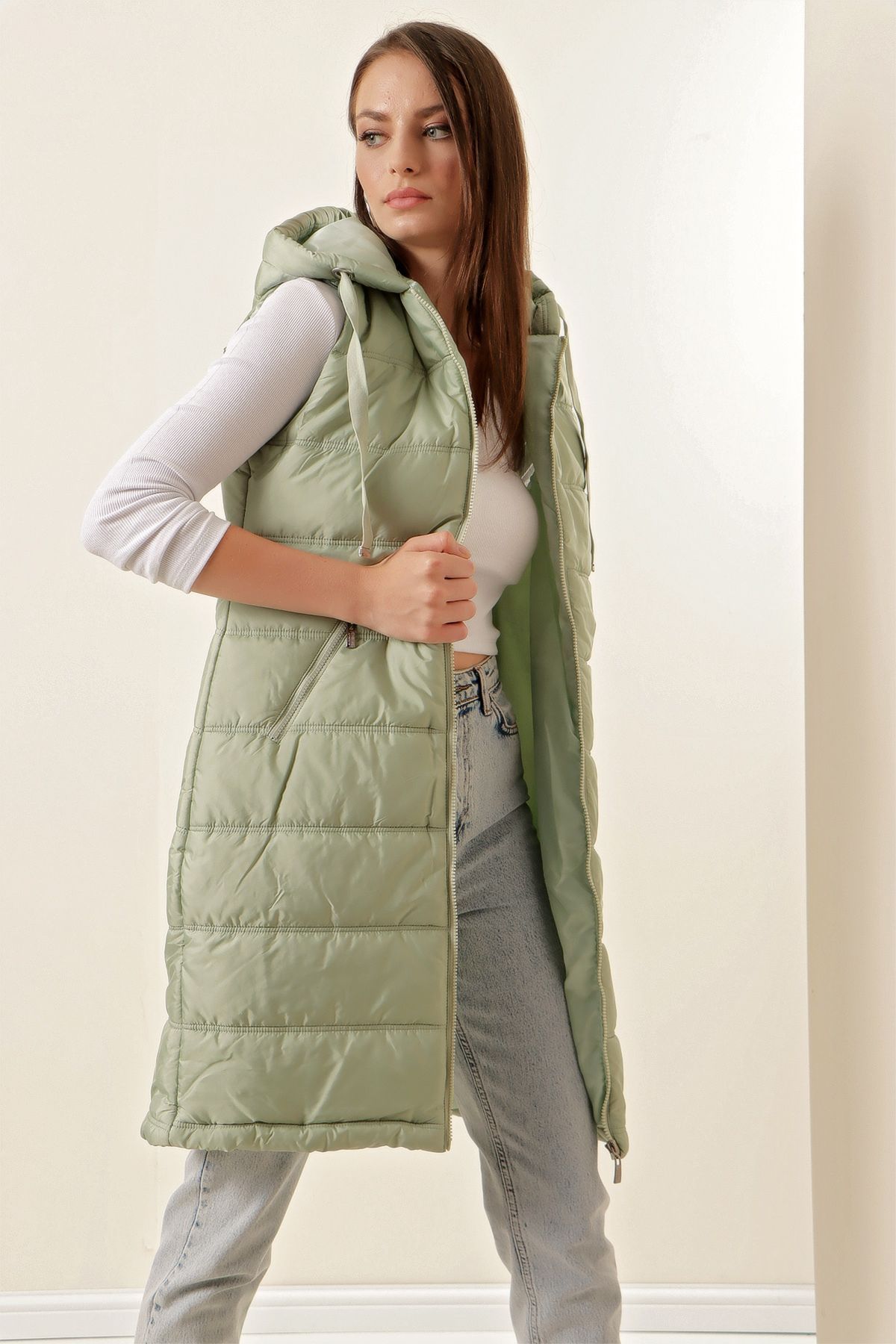 Bigdart-5140 Vestă pufă lungă cu glugă - verde 2