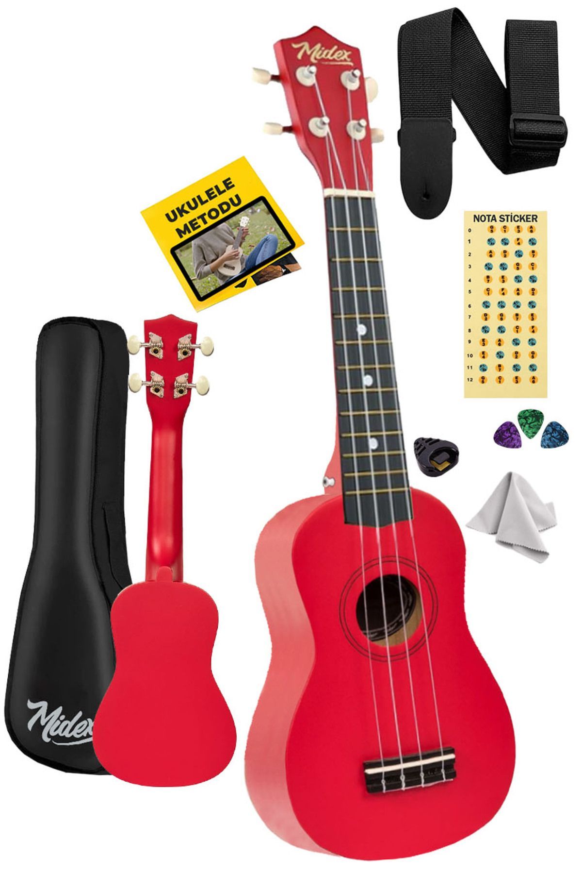 Midex Ukx-901rd Red Soprano Ukulele - Geantă Pentru Agățat Și Metodă De Plet - One Size