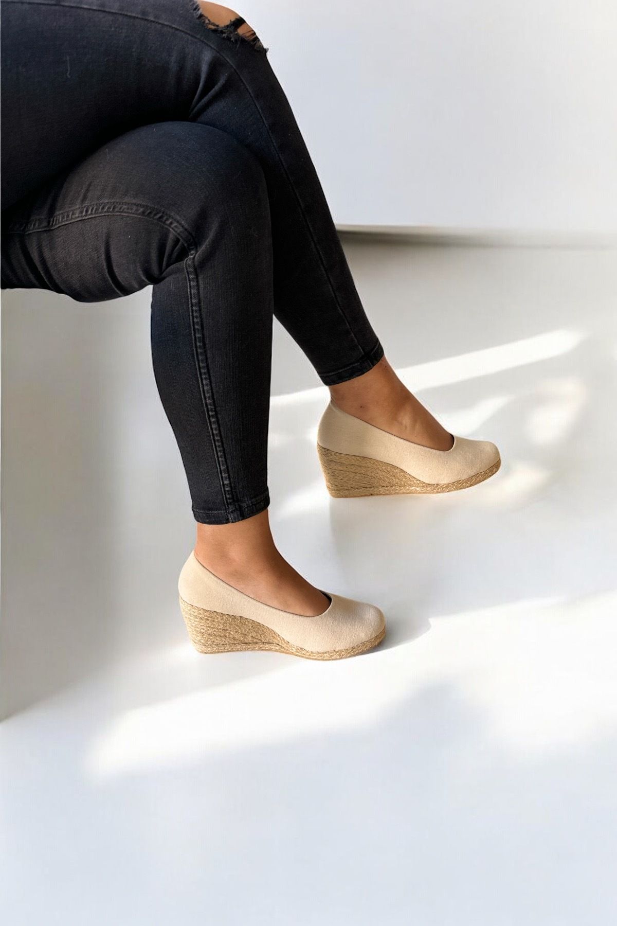 Y&D Shoes 7cm Dolgu Topuk Keten Espadril
