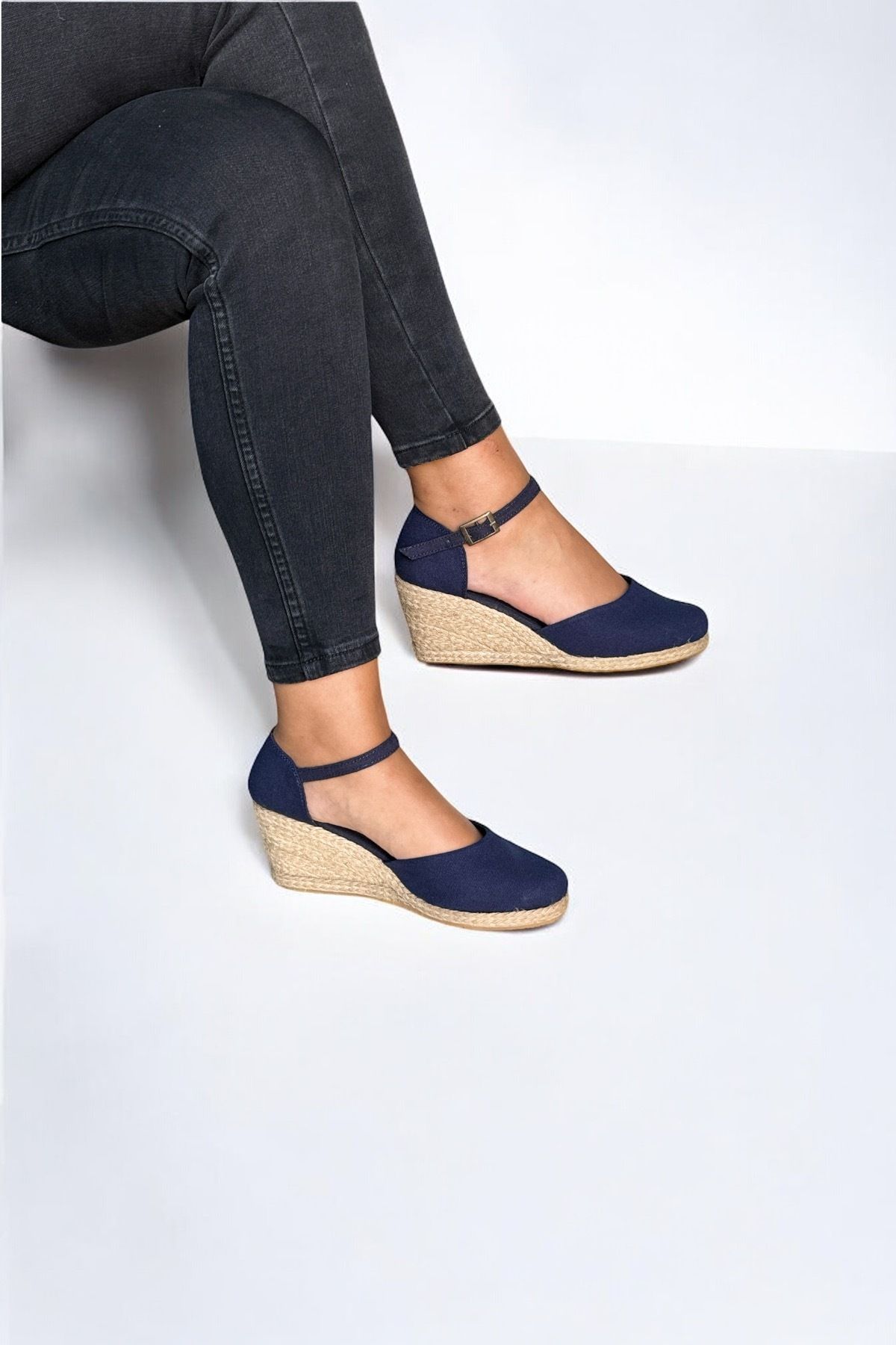 Y&D Shoes Dolgu Topuk Düz Keten Sandalet Espardil