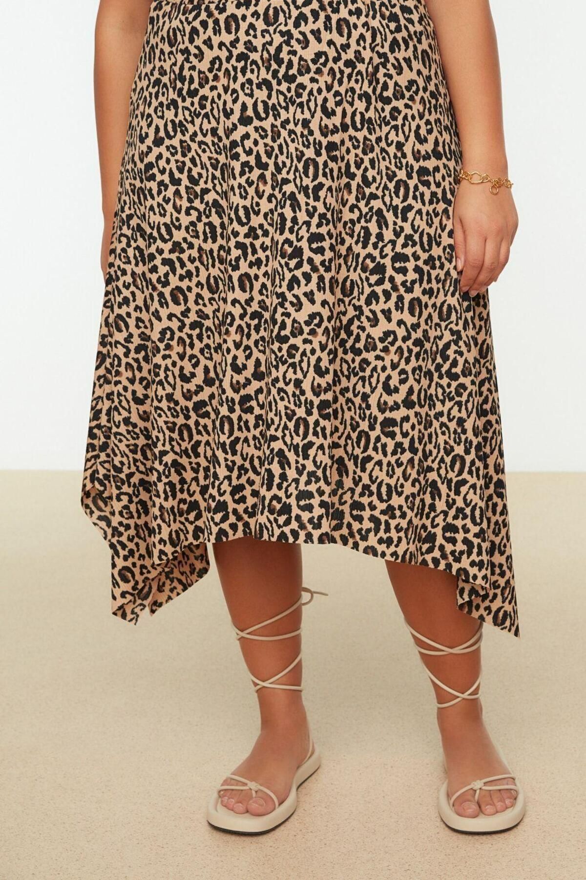 Moda Büyük Beden A-line Animal Desen Günlük Midi Boy Asimetrik Hayvan Desen Örme Etek - Görsel 4
