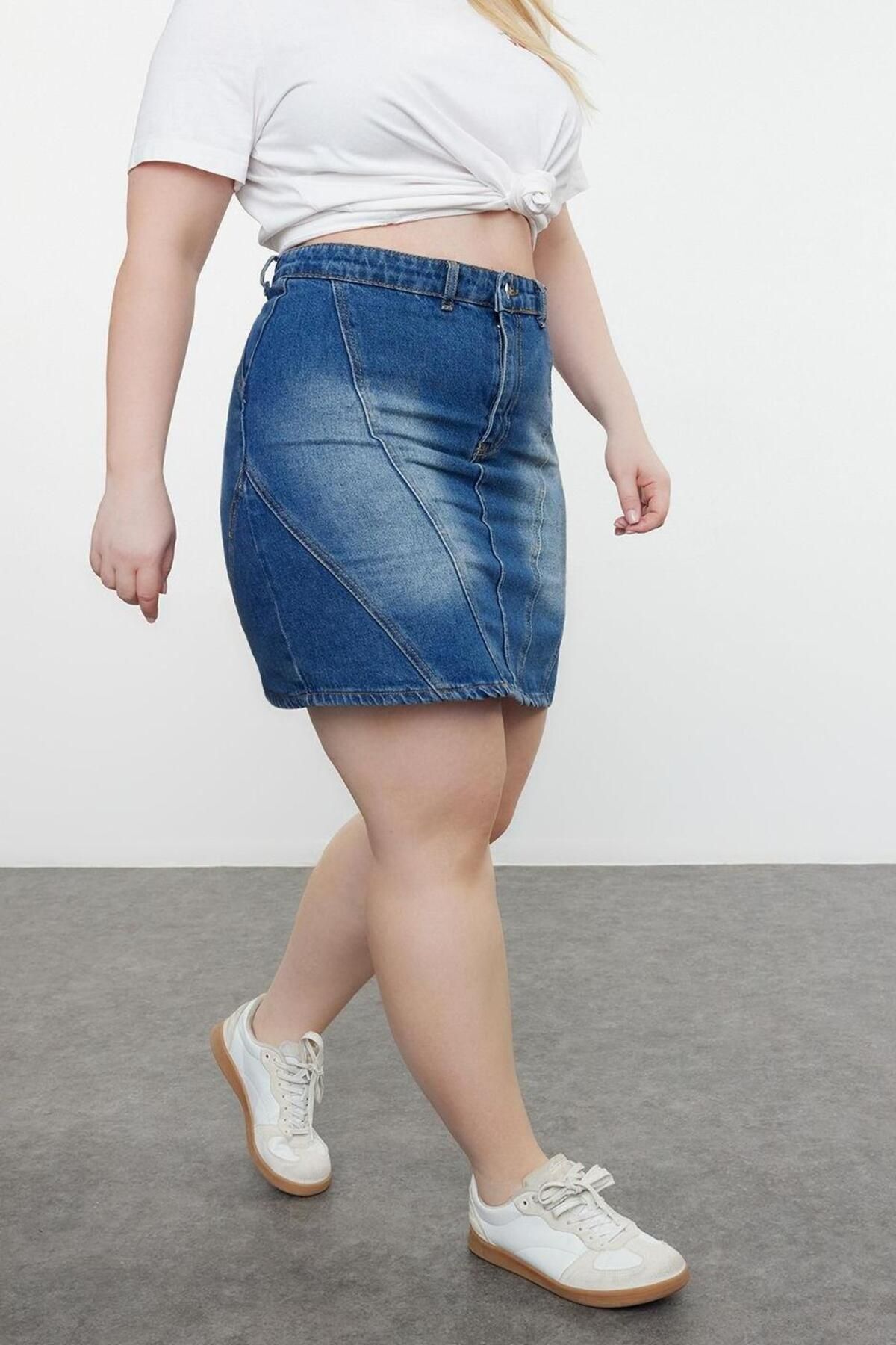Moda Büyük Beden Regular Düz Desen Günlük Mini Boy Denim Büyük Beden Etek - Görsel 4