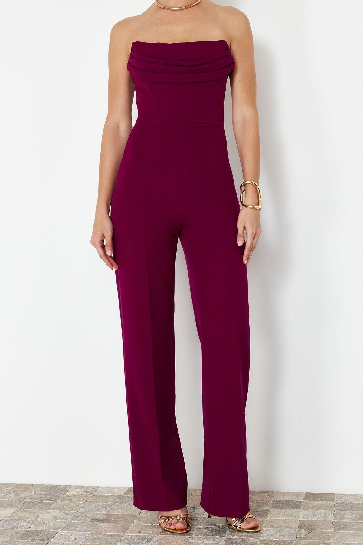 Kadın Moda Standart Kol Geniş Paça Straplez Düz Desen Regular Korse Detaylı Dokuma Tulum - Görsel 4