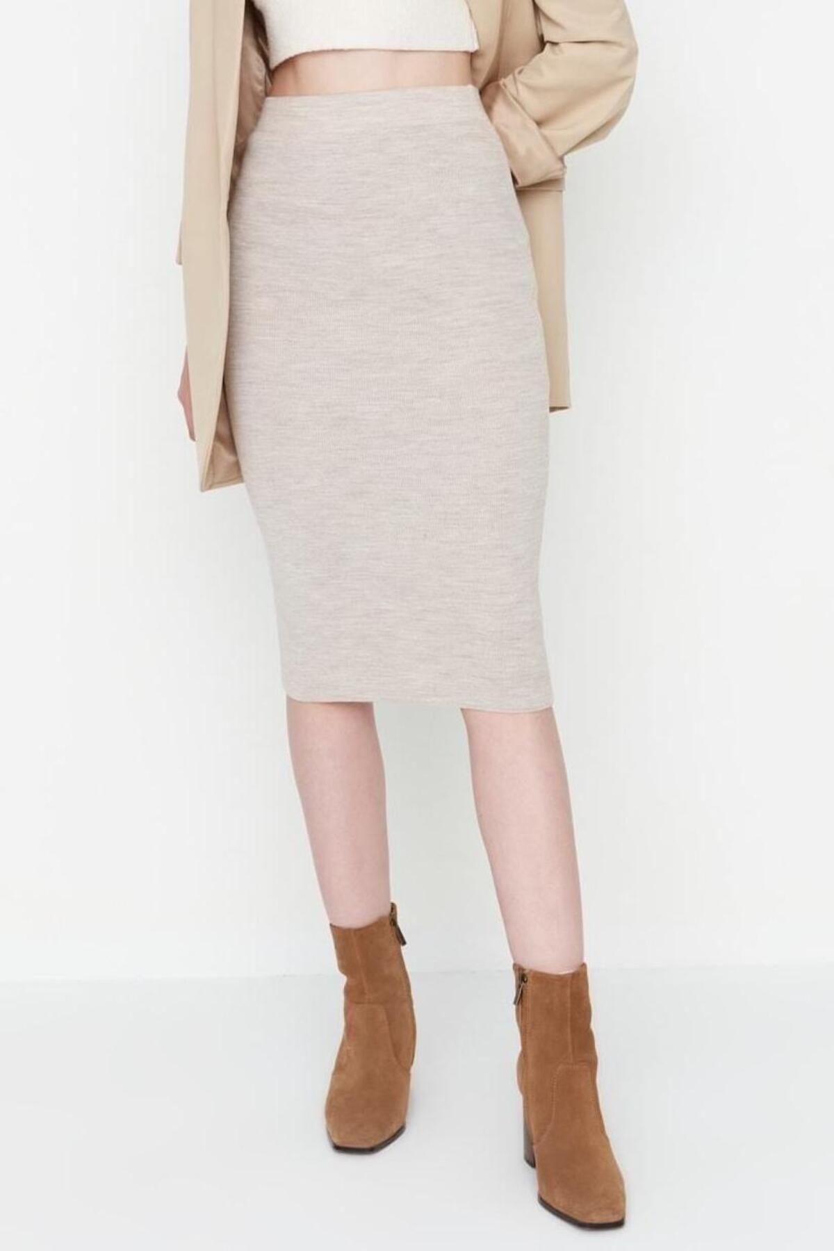 Kadın Midi Triko Kalem Etek Akrilik Normal Bel Günlük Kullanım Hafta Sonu Kaliteli Malzeme - Görsel 3