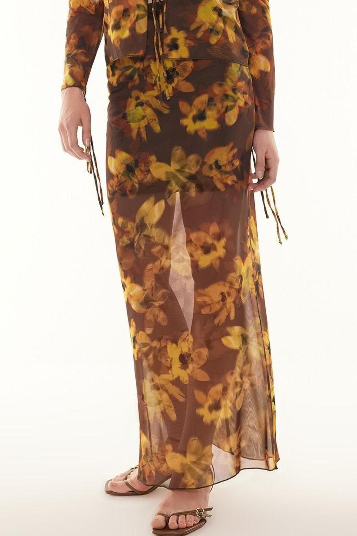 Moda Fitted Çiçekli Desen Şık Gece Maxi Boy Astarlı Örme Tül Etek - Görsel 3