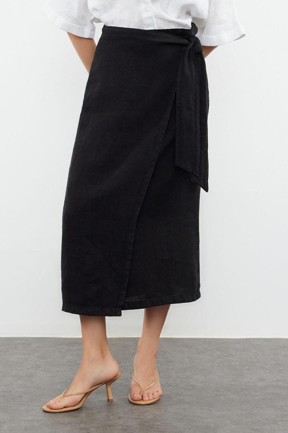 Kadın Keten Midi Etek Düz Desen Kalem Kalıp Yazlık Rahatlık Günlük Kullanım Modern Tasarım - Görsel 4