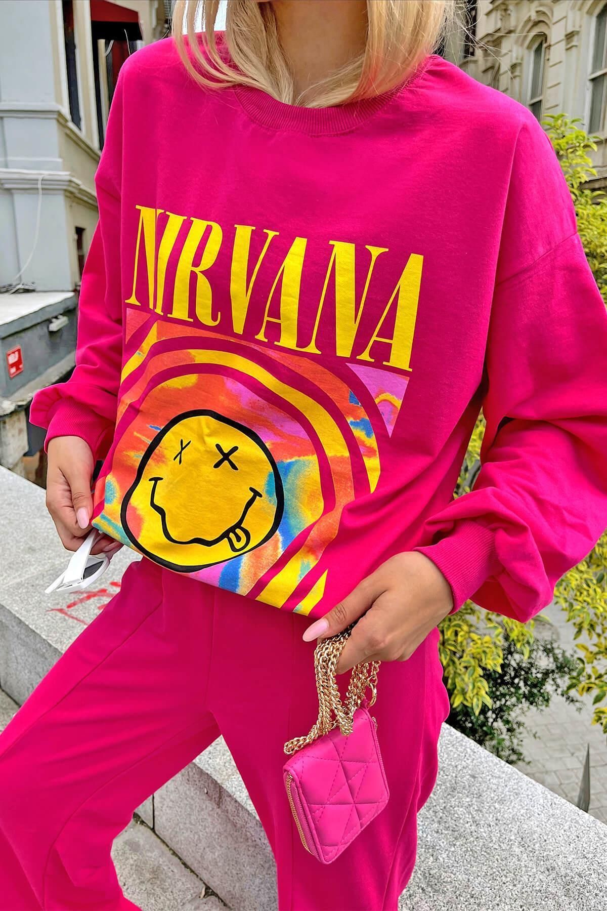 Swist-Pink Nirvana Printed Crew Neck Women's Sweatshirt 3