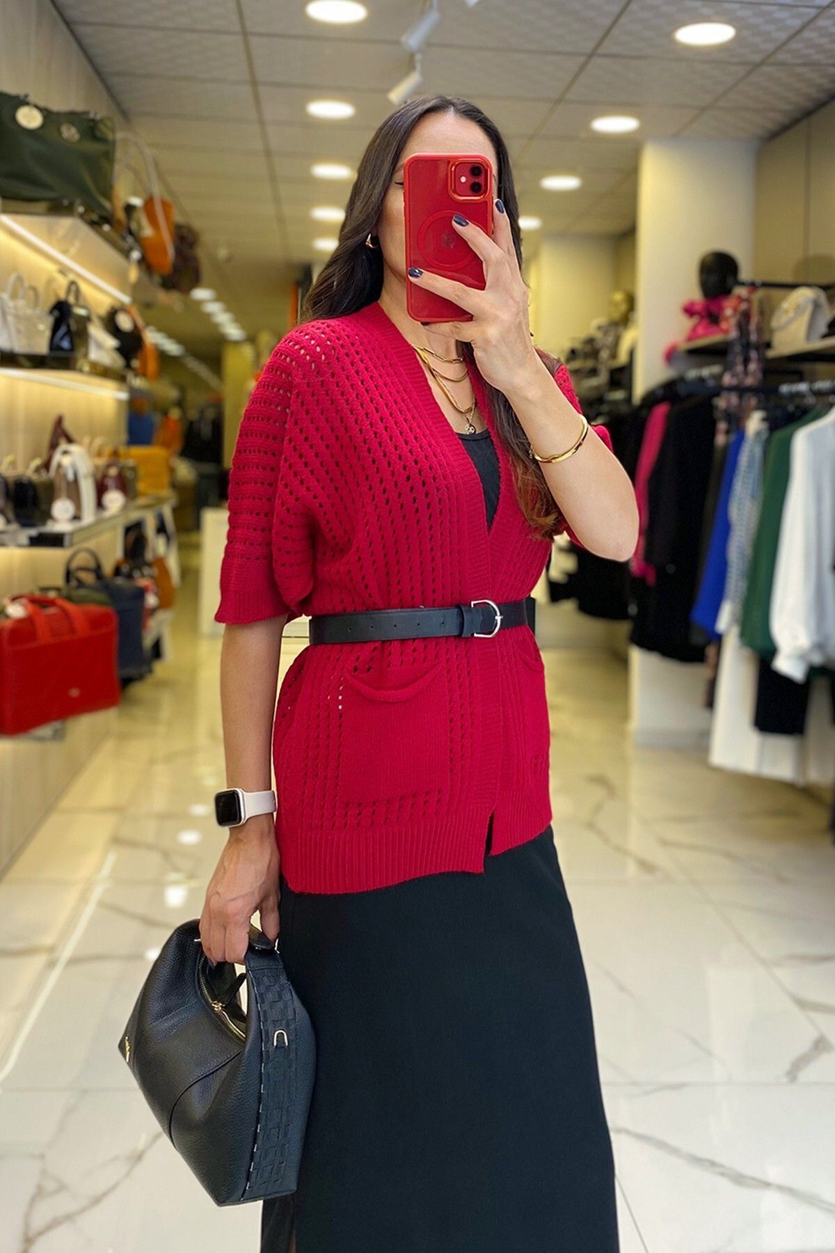 ژاکت جلو باز قرمز زنانه لباس در پرونده مد روز با الگوی CARDIGAN RIDD جیب دقیق ستاره اورجینال Vosse