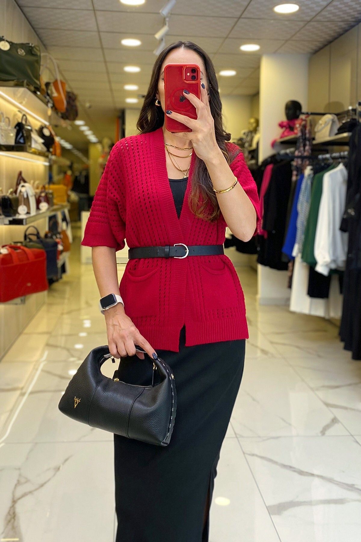 ژاکت جلو باز قرمز زنانه لباس در پرونده مد روز با الگوی CARDIGAN RIDD جیب دقیق ستاره اورجینال Vosse