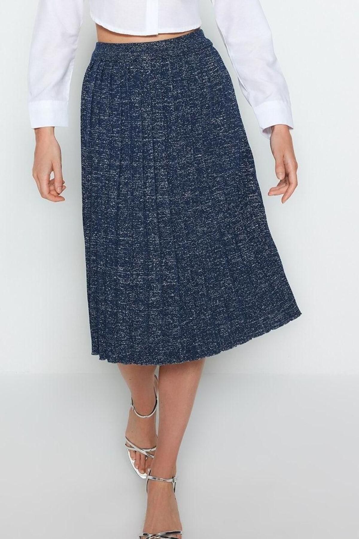 Moda Regular Düz Desen Gündüz Gece Midi Boy Simli Pileli Triko Etek - Görsel 3