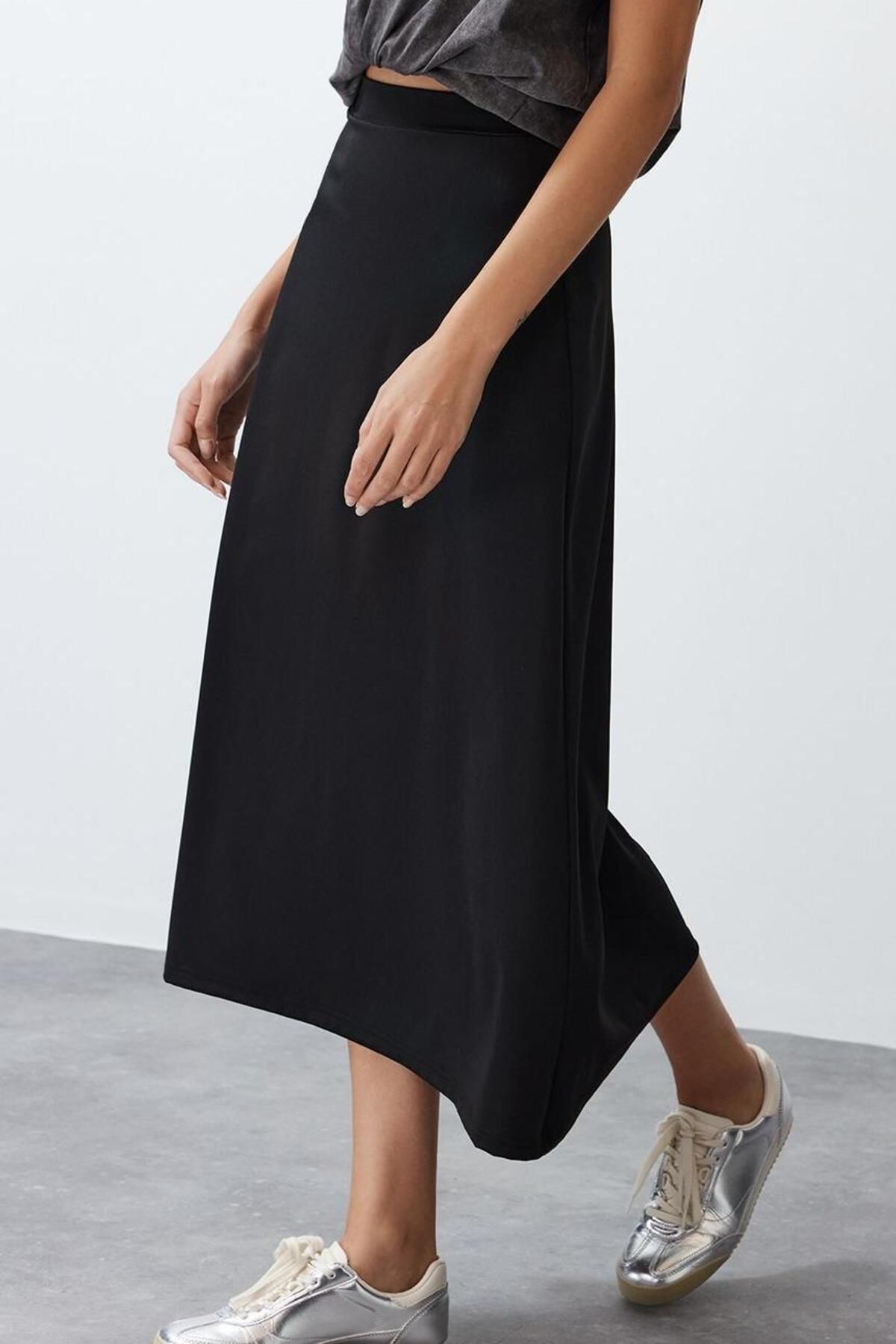 Moda Regular Düz Desen Günlük Midi Boy Dokuma Etek - Görsel 4