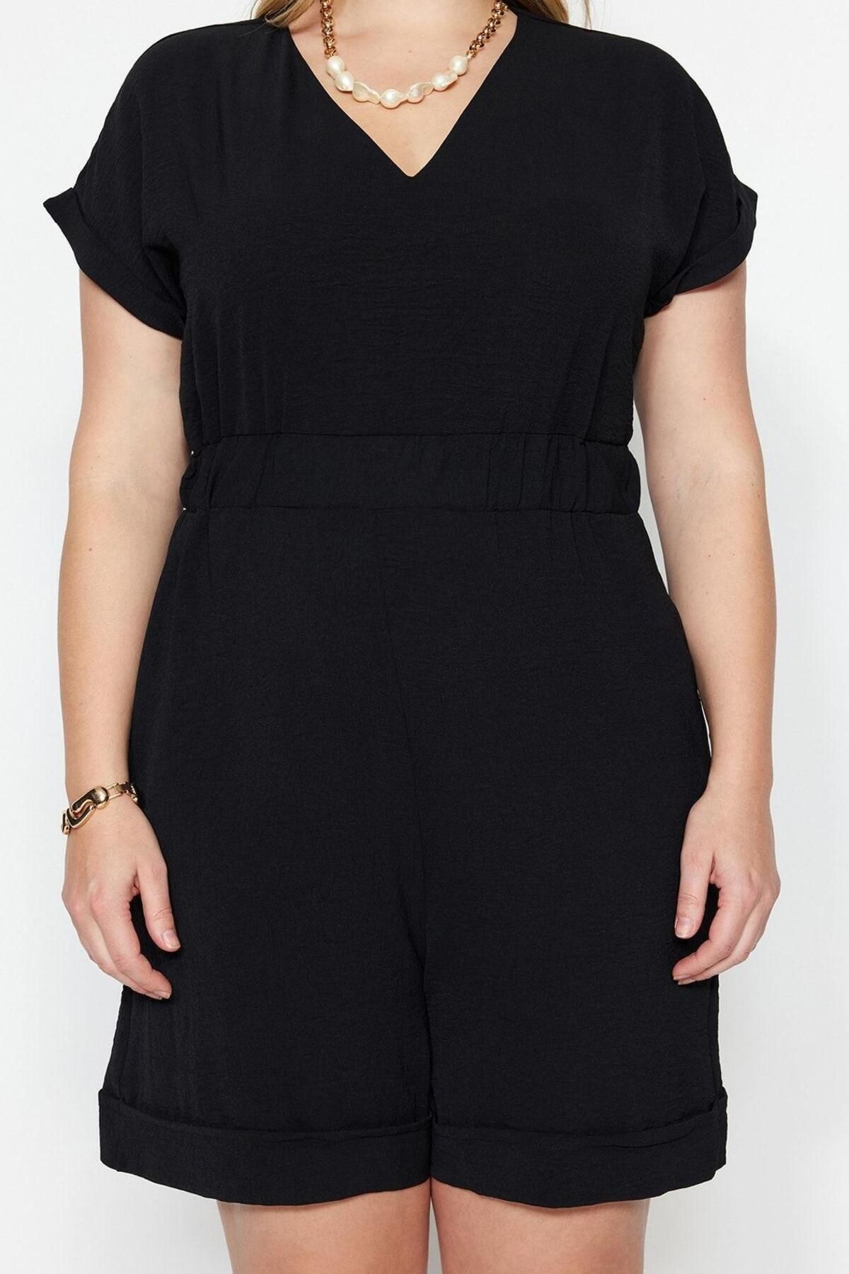 Büyük Beden Kadın Moda Düşük Kol Geniş Paça V Yaka Düz Desen Kısa Dokuma V Yaka Tulum - Görsel 4