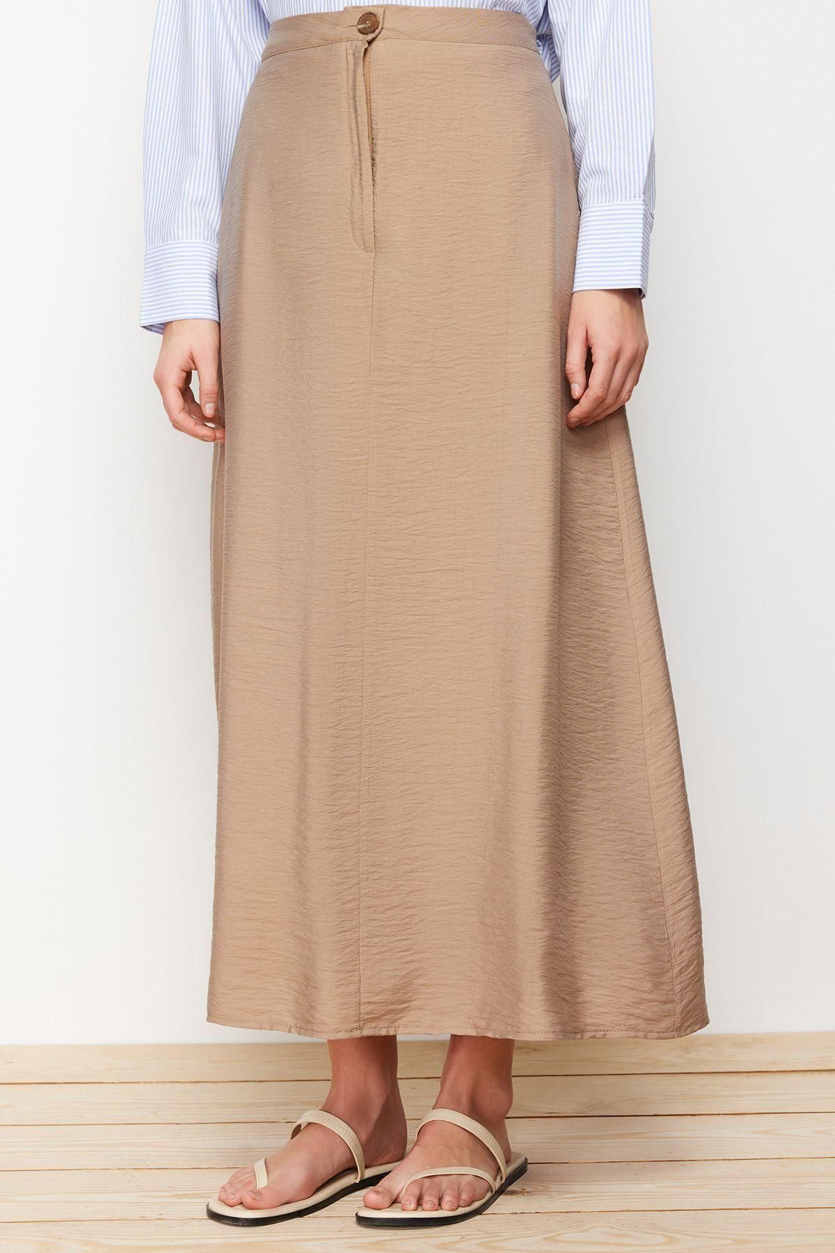 Moda Tesettür A-line Düz Desen Günlük Maxi Boy Normal Bel Dokuma Keten Görünümlü Etek - Görsel 4