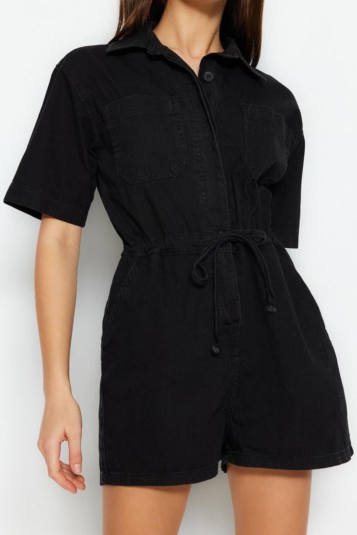 Kadın Moda Standart Kol Geniş Paça Gömlek Yaka Düz Desen Uzun Belden Bağlamalı Denim Tulum - Görsel 3