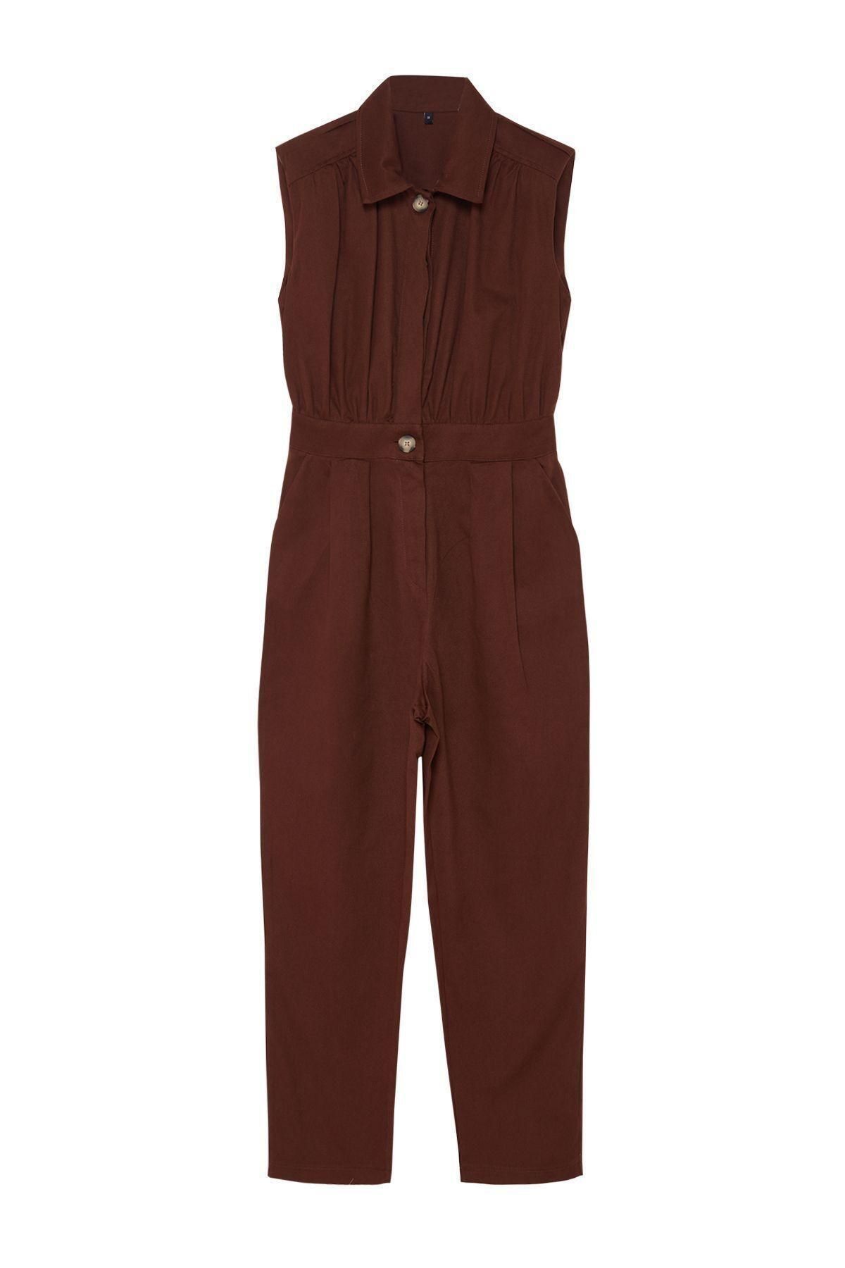 Kadın Moda Standart Kol Geniş Paça Gömlek Yaka Maxi Gömlek Yaka Kolsuz Gabardin Dokuma Tulum - Görsel 4