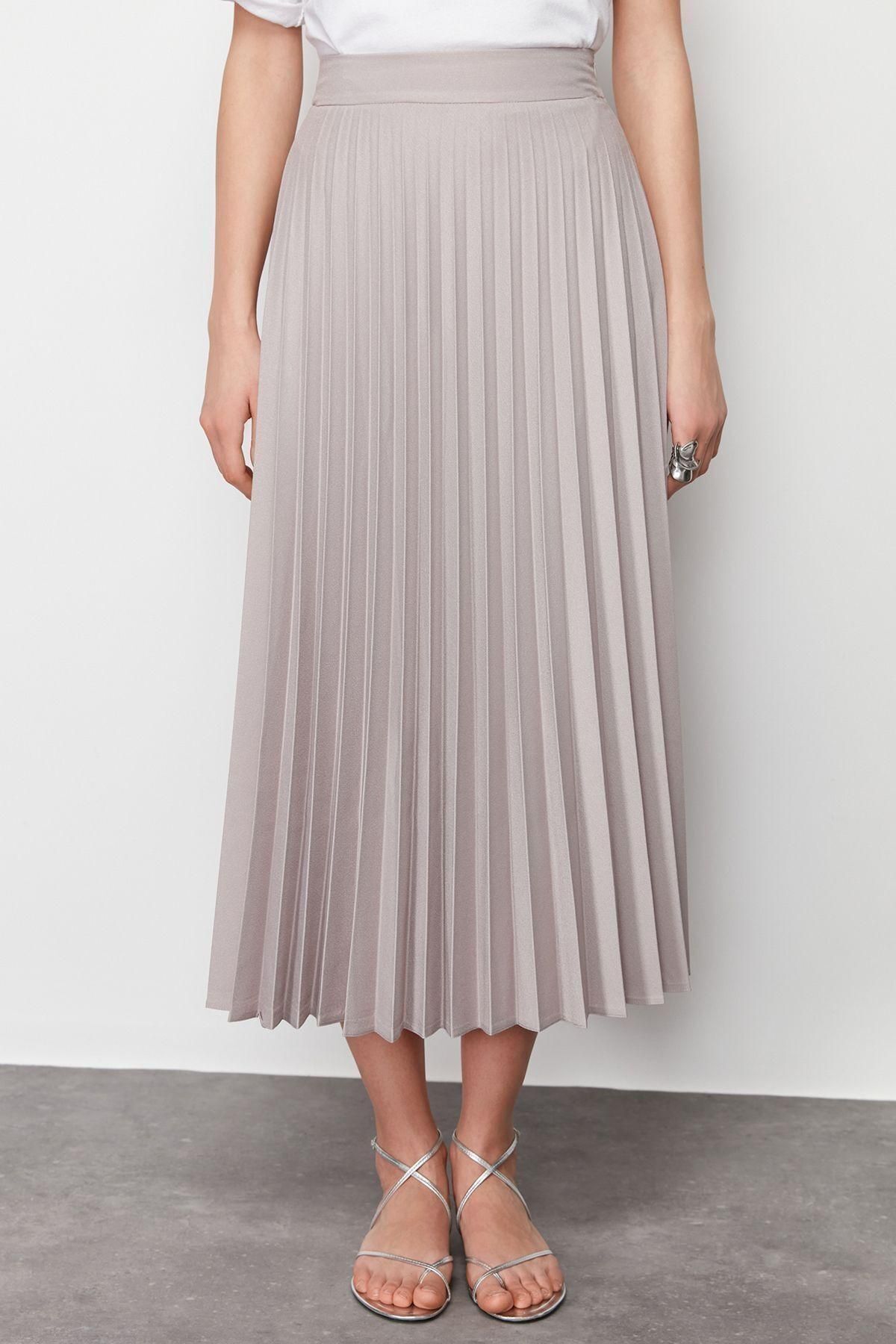 Moda Tesettür Regular Düz Desen Günlük Maxi Boy Piliseli Dokuma Etek - Görsel 3