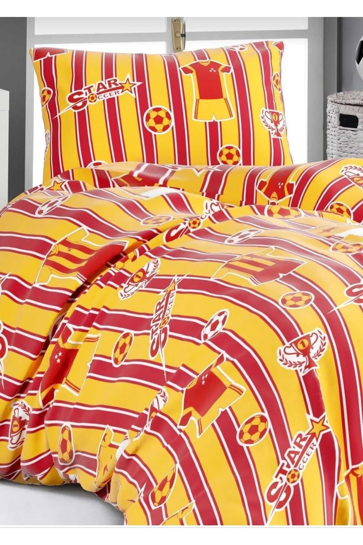 SARI-KIRMIZI TEK KİŞİLİK 100x200 LASTİKLİ ÇARŞAFLI NEVRESİM TAKIMI, 155X215 FERMUARLI YORGAN KILIFI 2