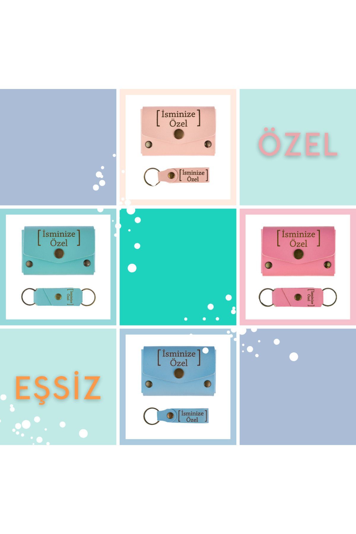 Asortishey-Pink Color, Question Mark Pattern, Name-Customized, Wallet and Keychain Set, Lovers' Sporty Set 6