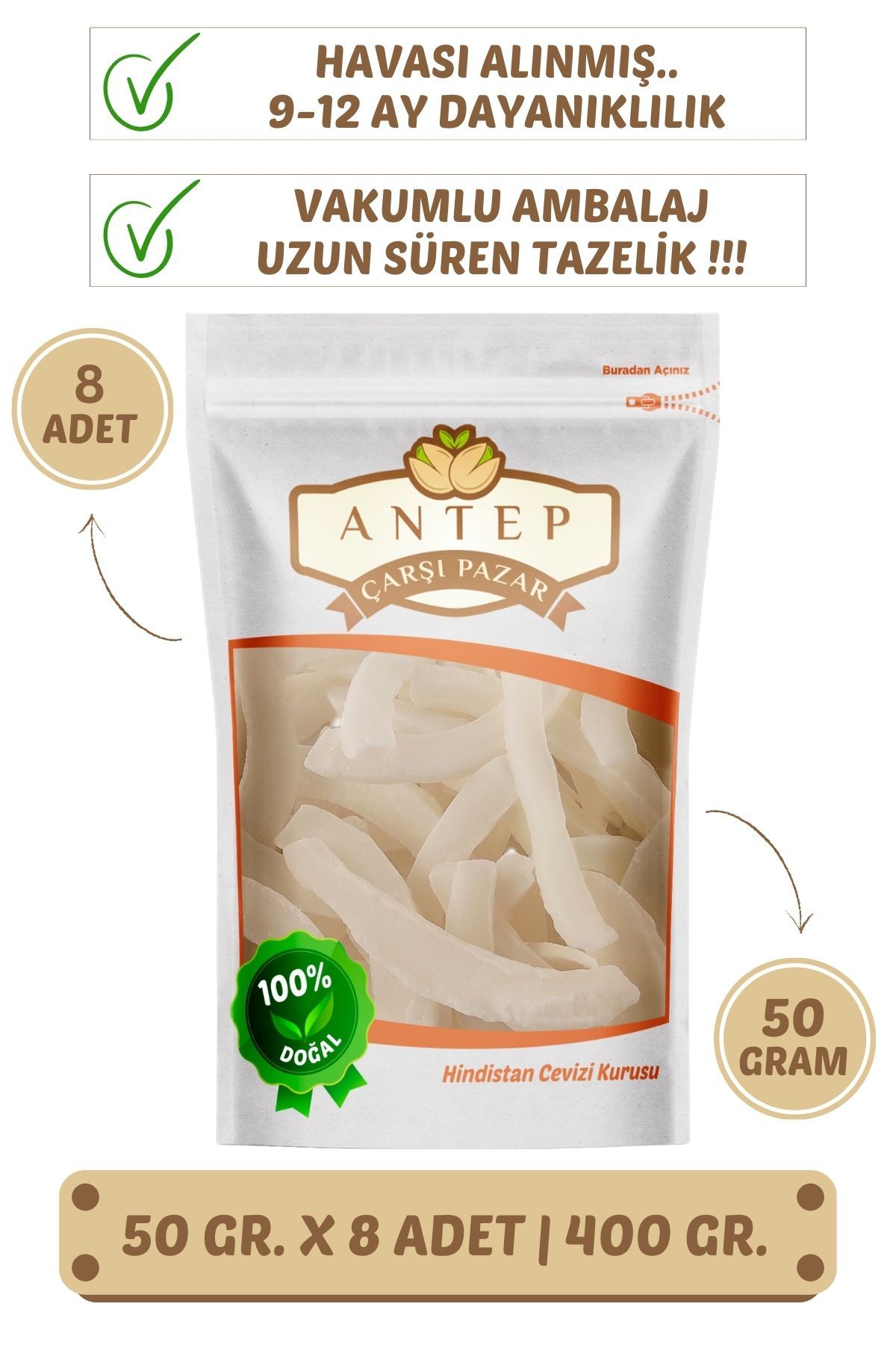 Hindistan Cevizi Kurusu Meyve Kurusu | 50 Gr. X 8 Adet | VAKUMLU AMBALAJ
