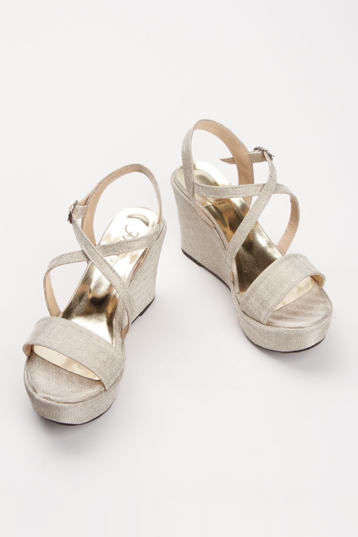 elvinshoes Bella Women s Gold Diamond Wedge Heel Shoes Trendyol