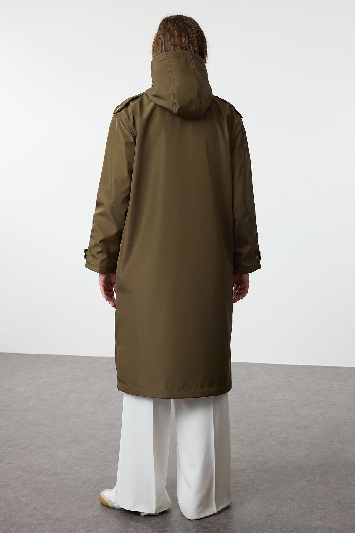 Trendyol Collection-Χακί κουκούλα μακρύ αδιάβροχο και αντιανεμικό TWOAW25YR00005 5