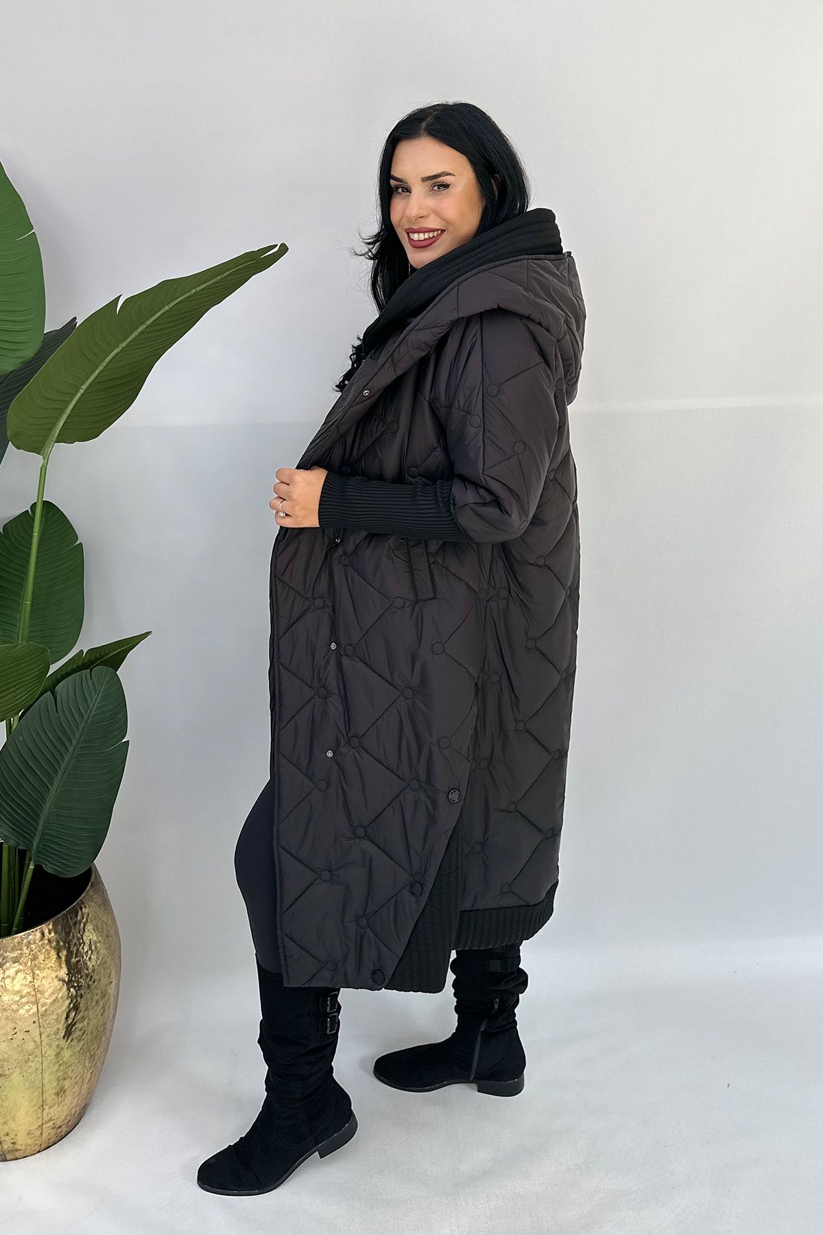 GÖKSEL -20 Trikolu Büyük Beden Uzun Mont - Siyah