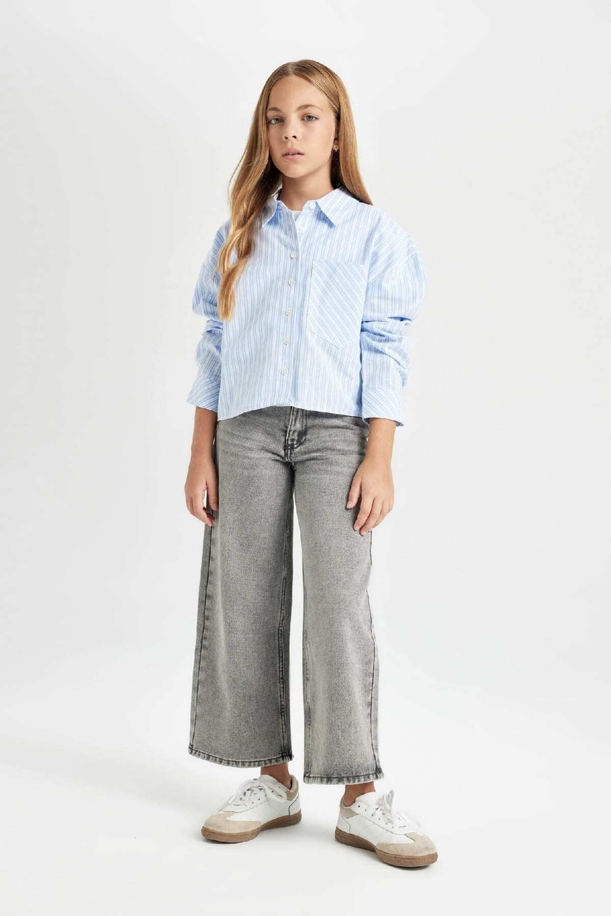 DeFacto-Girl's Crop Cotton Long Sleeve Pocket Shirt D0680A824Au 2