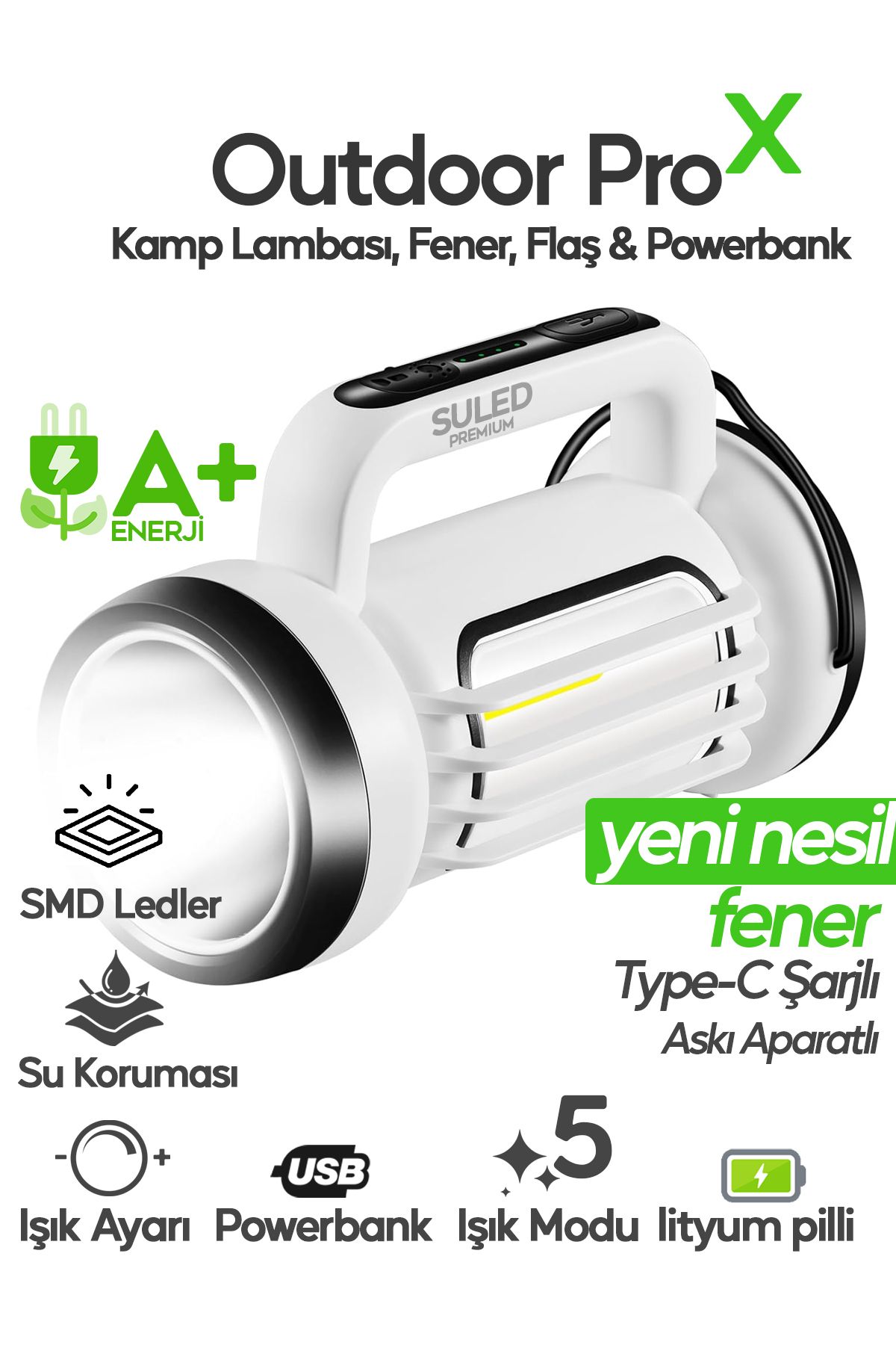 SULED Outdoor Pro2 Işıldak Profesyonel Kamp Lambası ve Fener Şarjlı USB Powerbank Özellikli