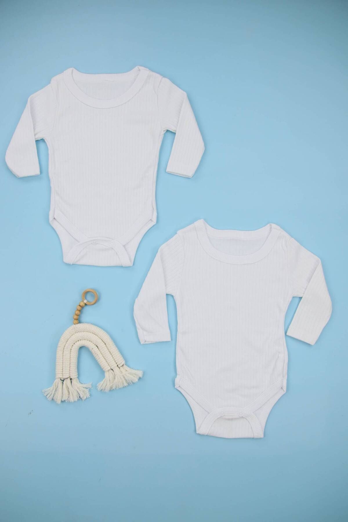 Lindakids Fitilli Kumaş %100 Pamuk Uzun Kollu Çıtçıtlı 2'li Beyaz Bebek Body/Zıbın fotoğrafı 3 (önizleme)