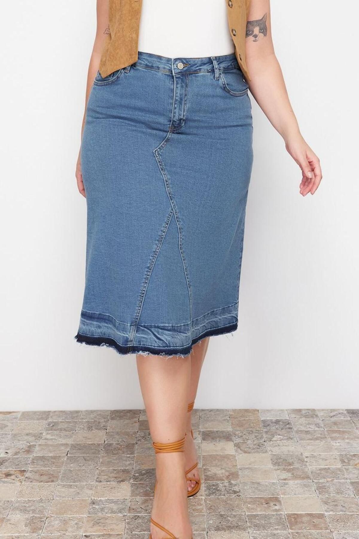 Moda Büyük Beden Regular Düz Desen Günlük Midi Boy Renk Bloklu Denim Etek - Görsel 3