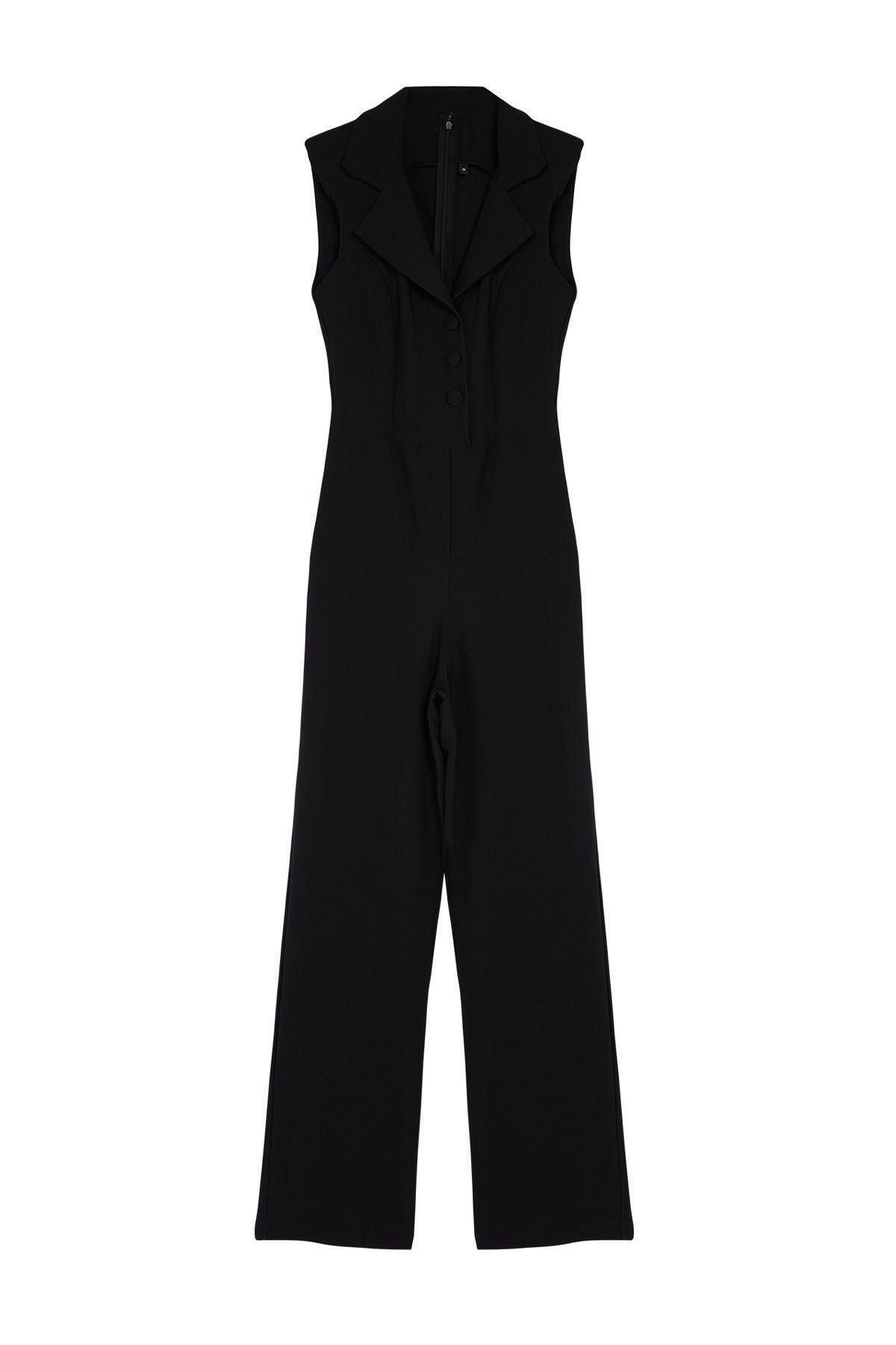 Kadın Moda Standart Kol Geniş Paça Ceket Yaka Düz Desen Uzun Ceket Yakalı Düğme Detaylı Dokuma Tulum - Görsel 4