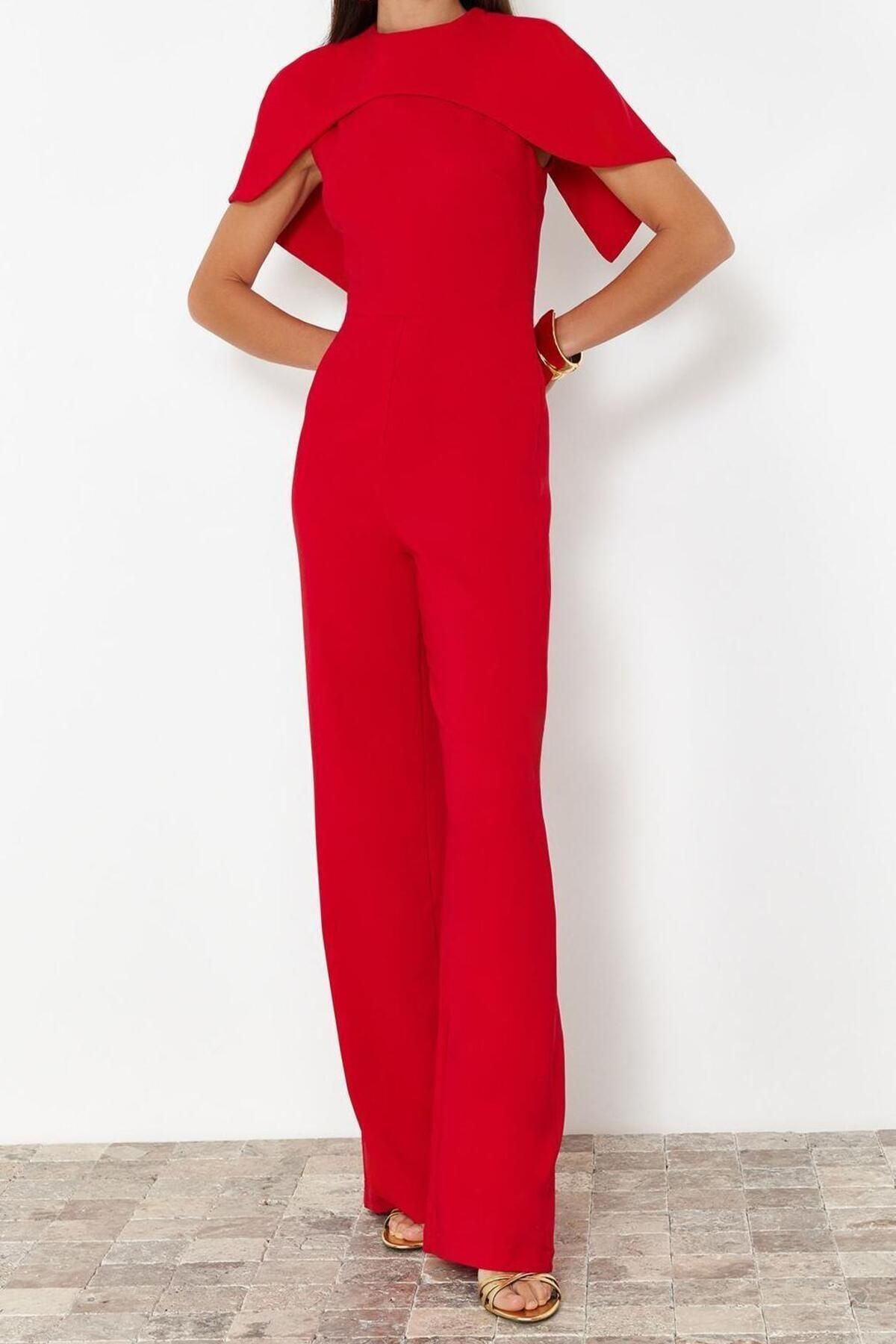 Kadın Moda Standart Kol Geniş Paça Bisiklet Yaka Düz Desen Regular Pelerin Detaylı Dokuma Şık Tulum - Görsel 4