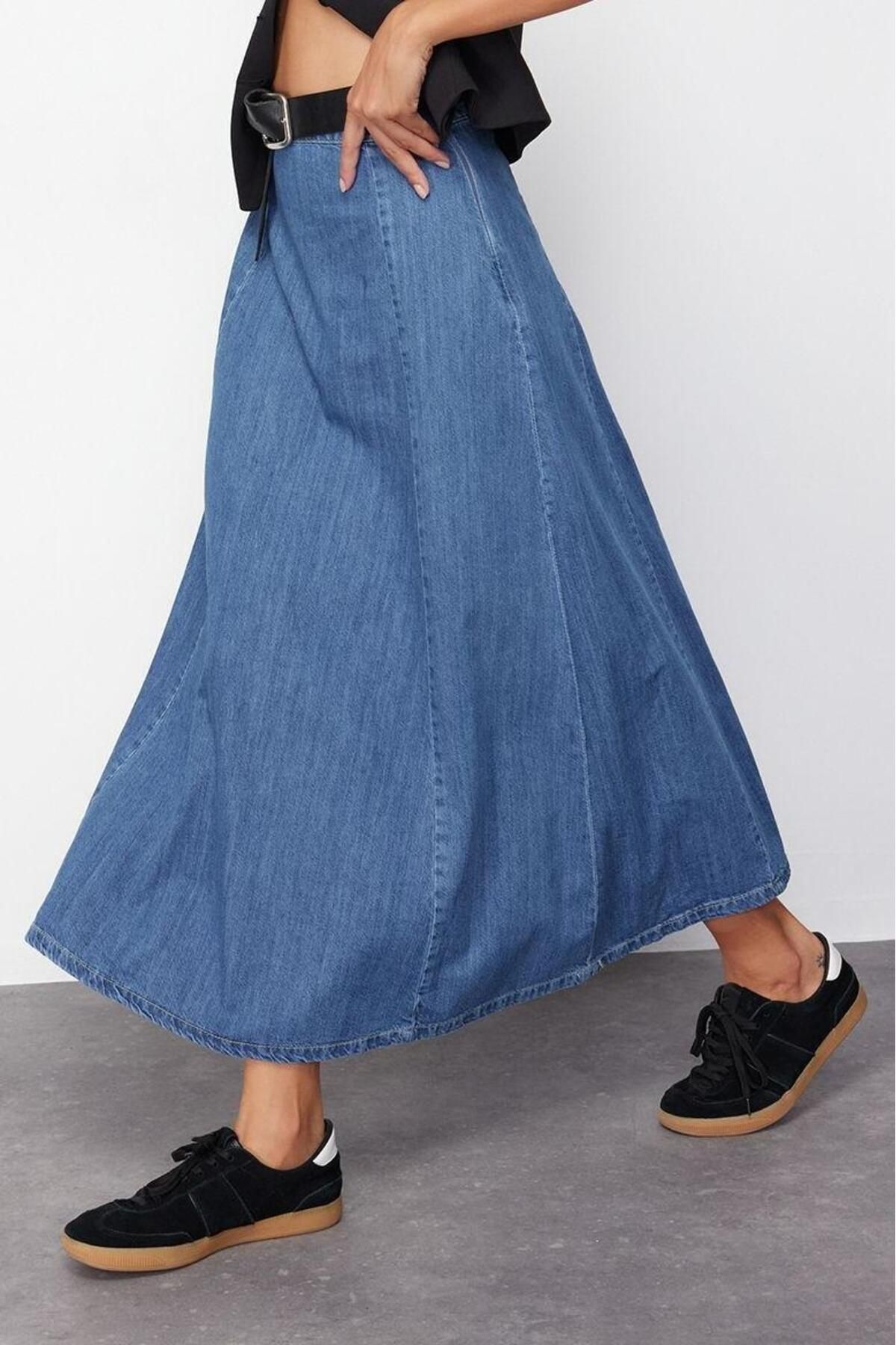 Moda Denim Düz Desen Günlük Midi Boy Yüksek Bel Midi Modest Denim Etek - Görsel 4