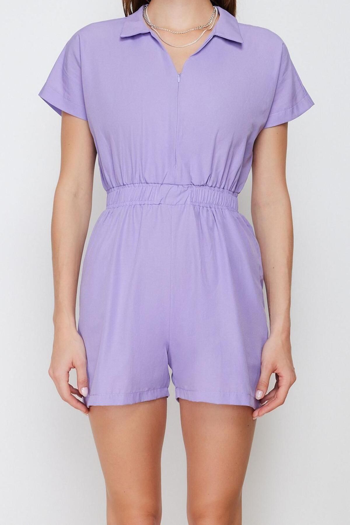 Kadın Moda Standart Kol Geniş Paça Gömlek Yaka Kısa Beli Lastikli Geniş Paça Mini Dokuma Tulum - Görsel 4