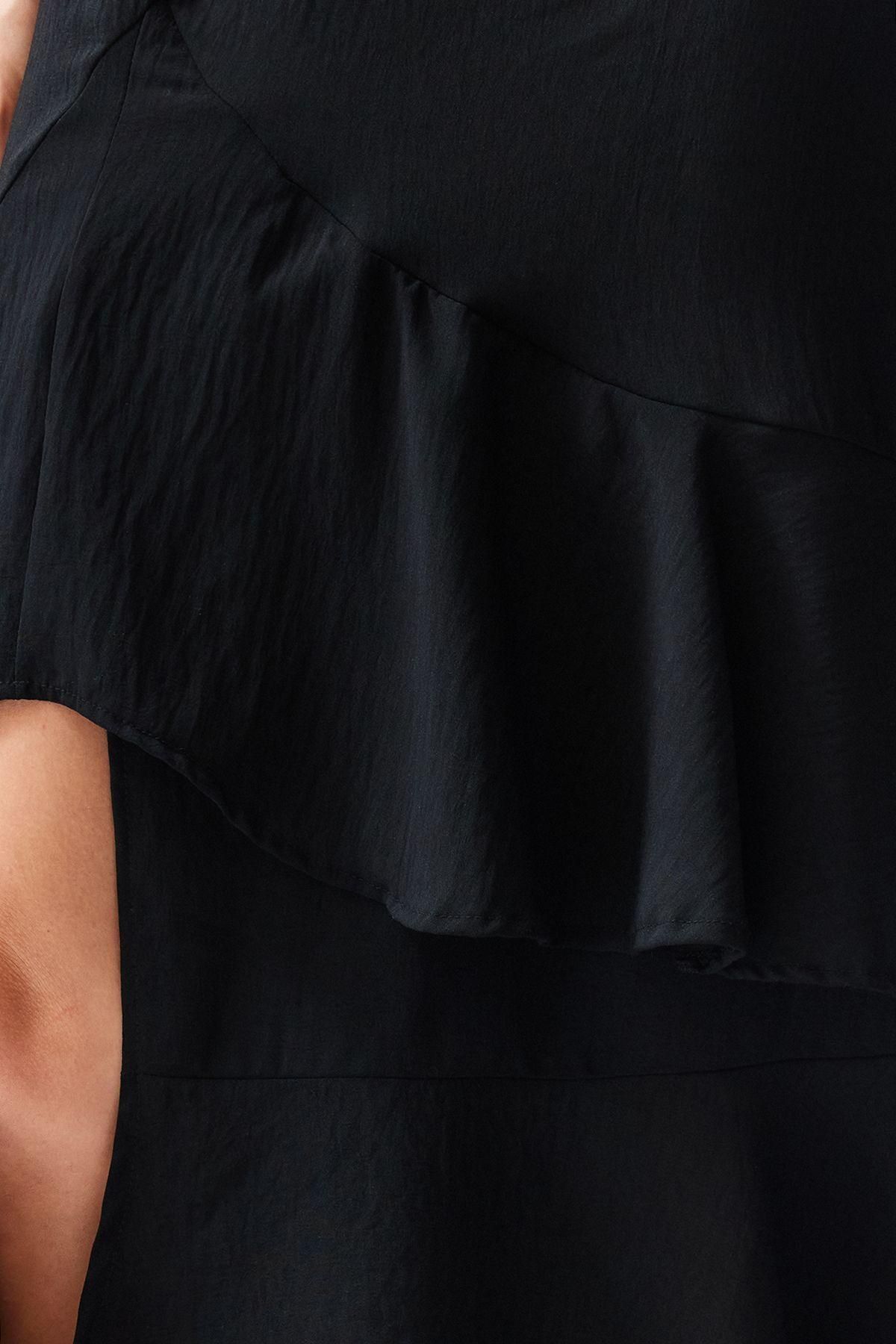 Moda Regular Düz Desen Günlük Midi Boy Volanlı Yırtmaç Detalı Midi Boy Dokuma Etek - Görsel 4