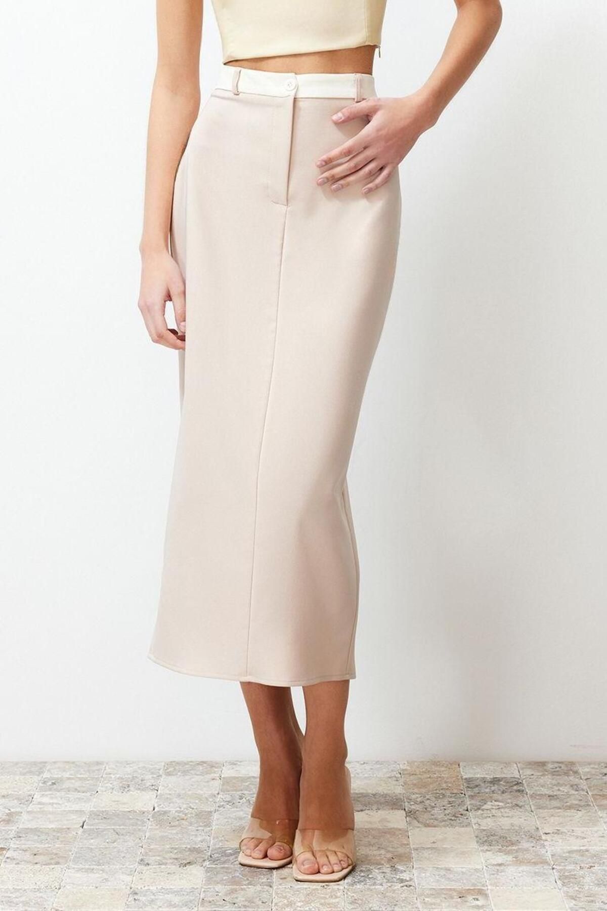 Moda Kalem Düz Desen Günlük Midi Boy Bel Detaylı Kalem Düz Kesim Midi Boy Dokuma Etek - Görsel 3