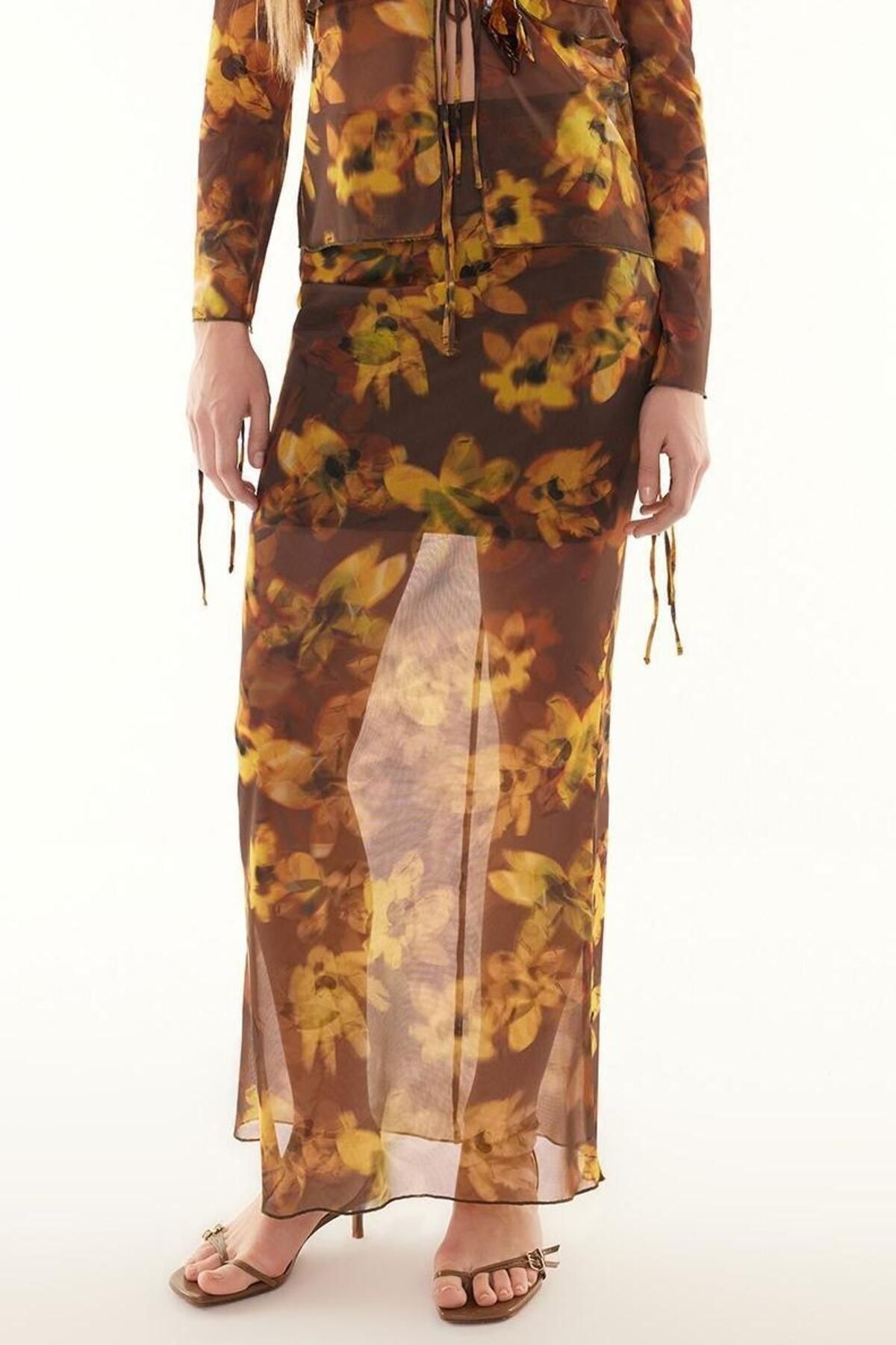 Moda Fitted Çiçekli Desen Şık Gece Maxi Boy Astarlı Örme Tül Etek - Görsel 4