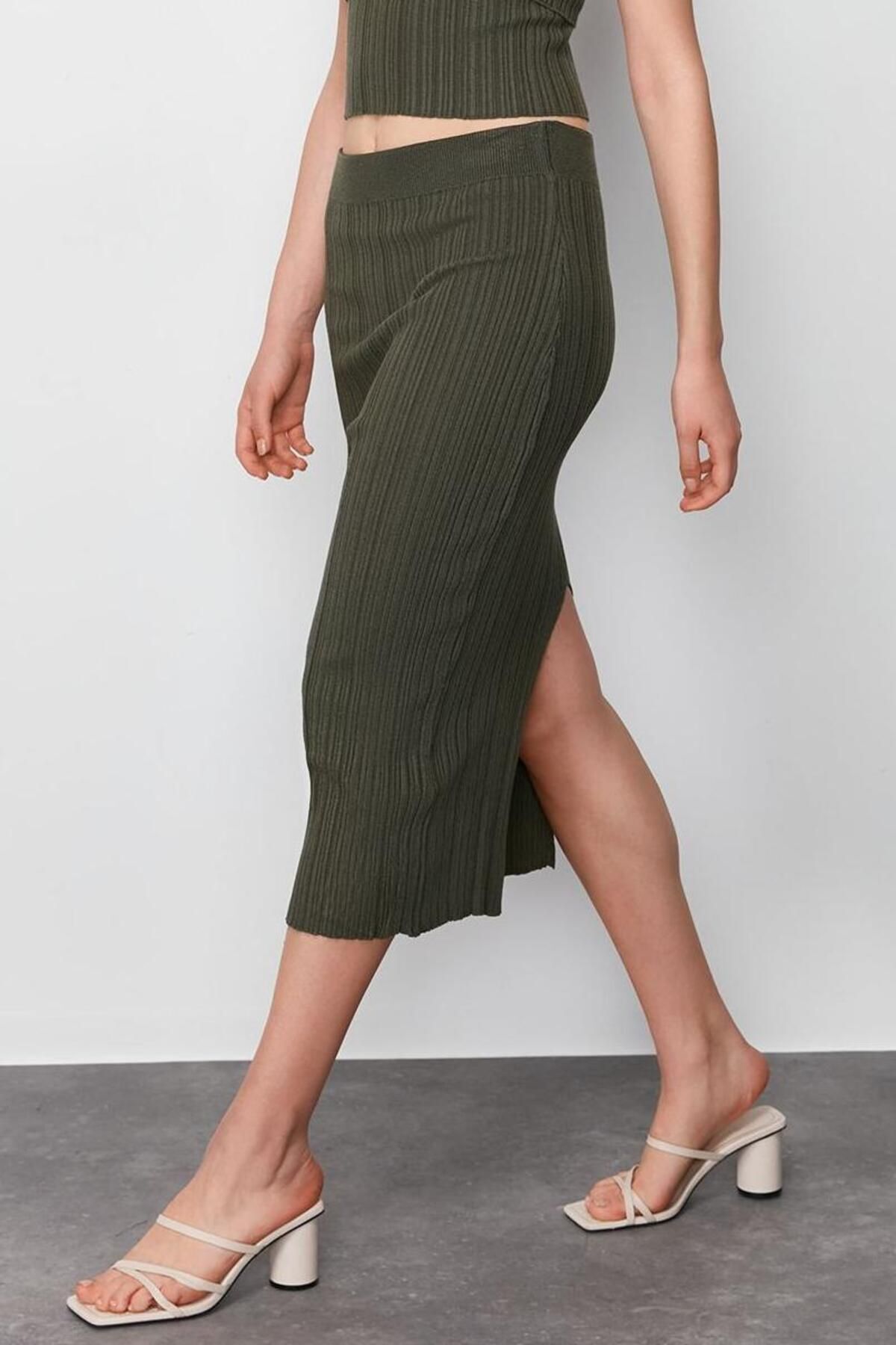 Moda Bodycon Düz Desen Günlük Midi Boy Triko Premium İplik Özel İplik Etek - Görsel 4