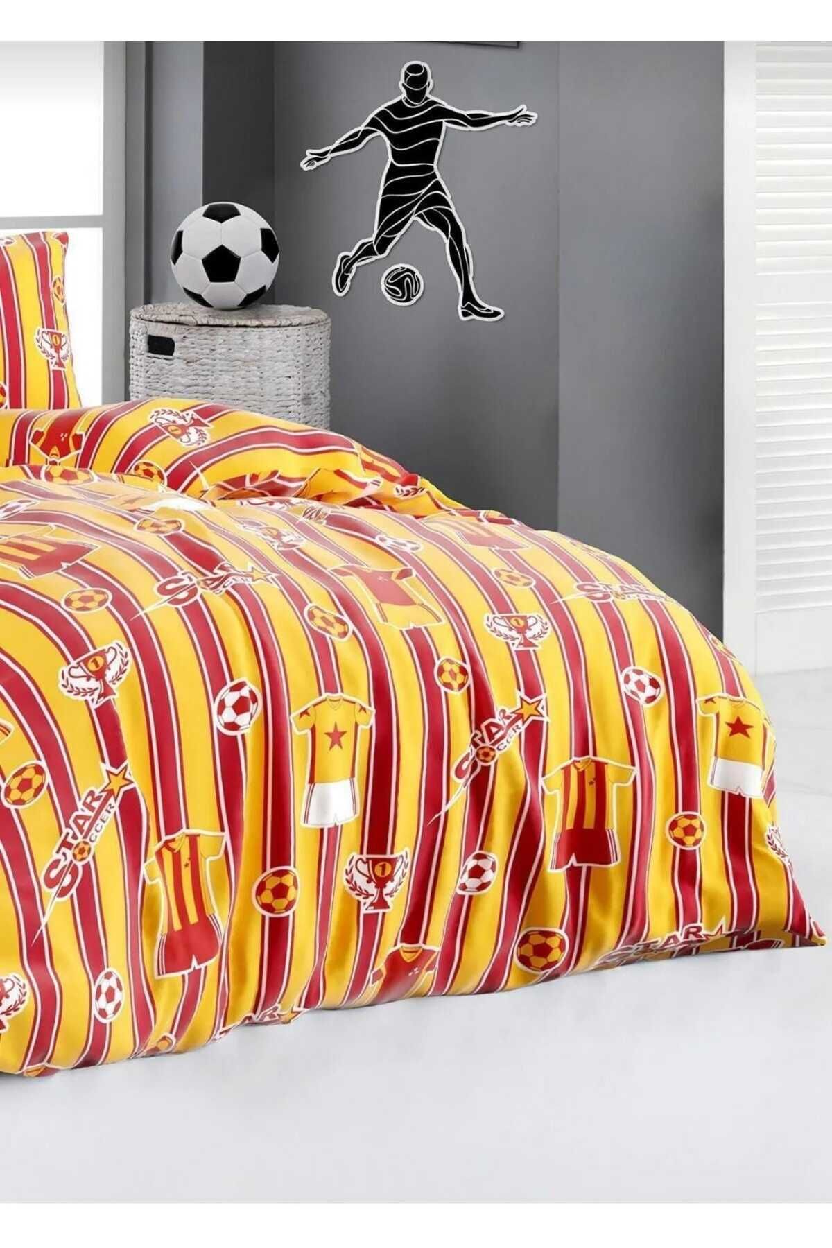 SARI-KIRMIZI TEK KİŞİLİK 100x200 LASTİKLİ ÇARŞAFLI NEVRESİM TAKIMI, 155X215 FERMUARLI YORGAN KILIFI 3