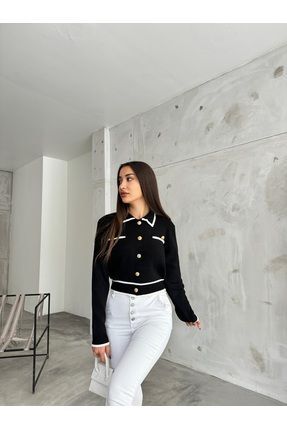 charm butik Gold Düğmeli Polo Yaka Crop Hırka
