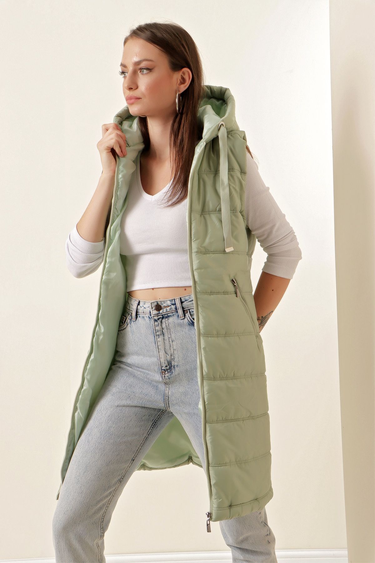 Bigdart-5140 Vestă pufă lungă cu glugă - verde 3