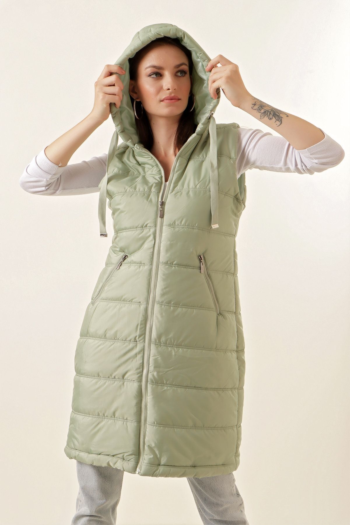 Bigdart-5140 Vestă pufă lungă cu glugă - verde 5