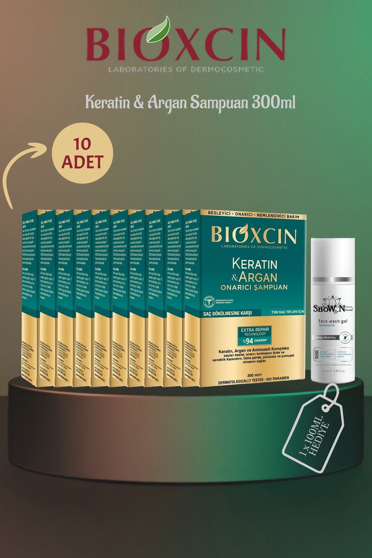 شامپو کراتین و آرگان 300 میلی لیتر 10 عدد + ست هدیه 1 ژل Bioxcin