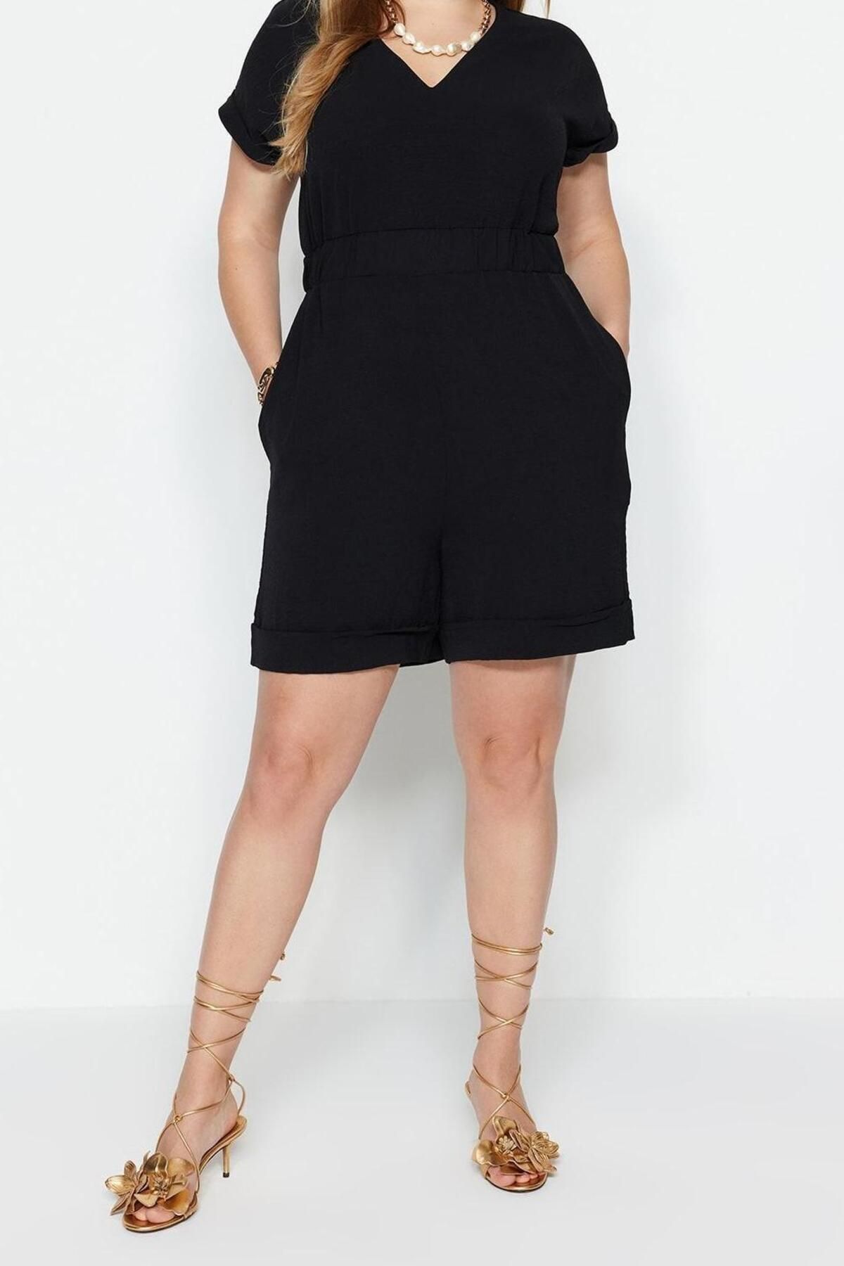 Büyük Beden Kadın Moda Düşük Kol Geniş Paça V Yaka Düz Desen Kısa Dokuma V Yaka Tulum - Görsel 3