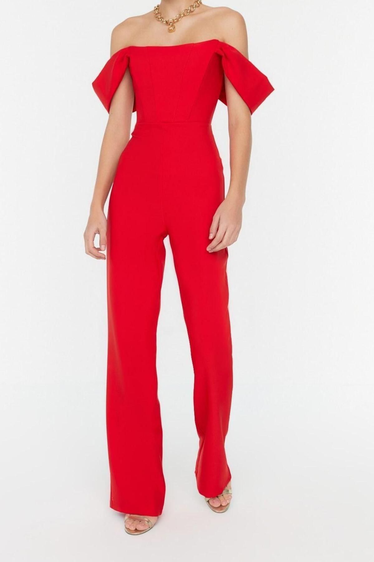 Kadın Moda Düşük Kol Geniş Paça Carmen Yaka Düz Desen Regular Astarlı Dokuma Tulum - Görsel 3