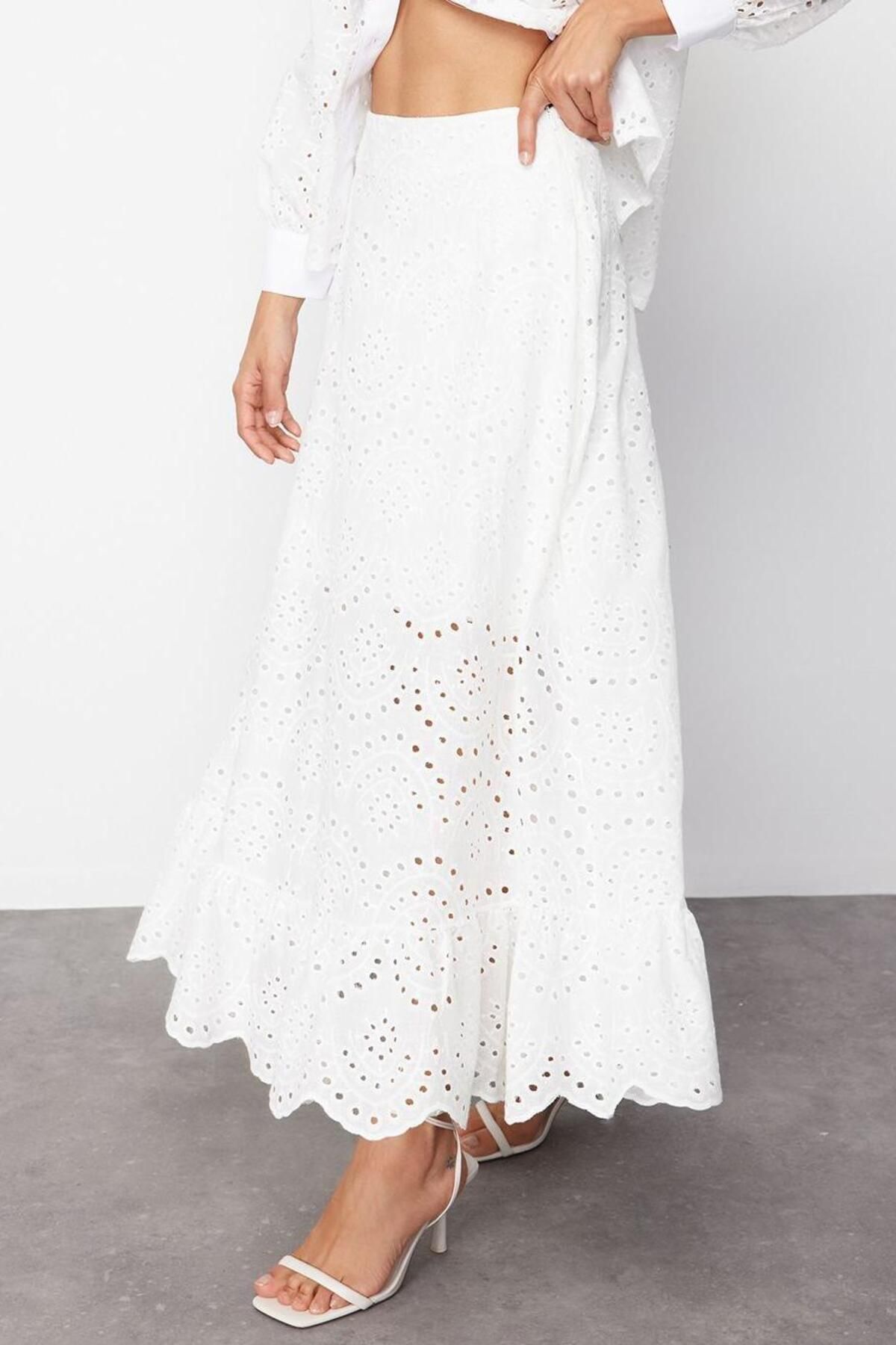 Moda Regular Düz Desen Günlük Midi Boy Dokuma Etek - Görsel 3