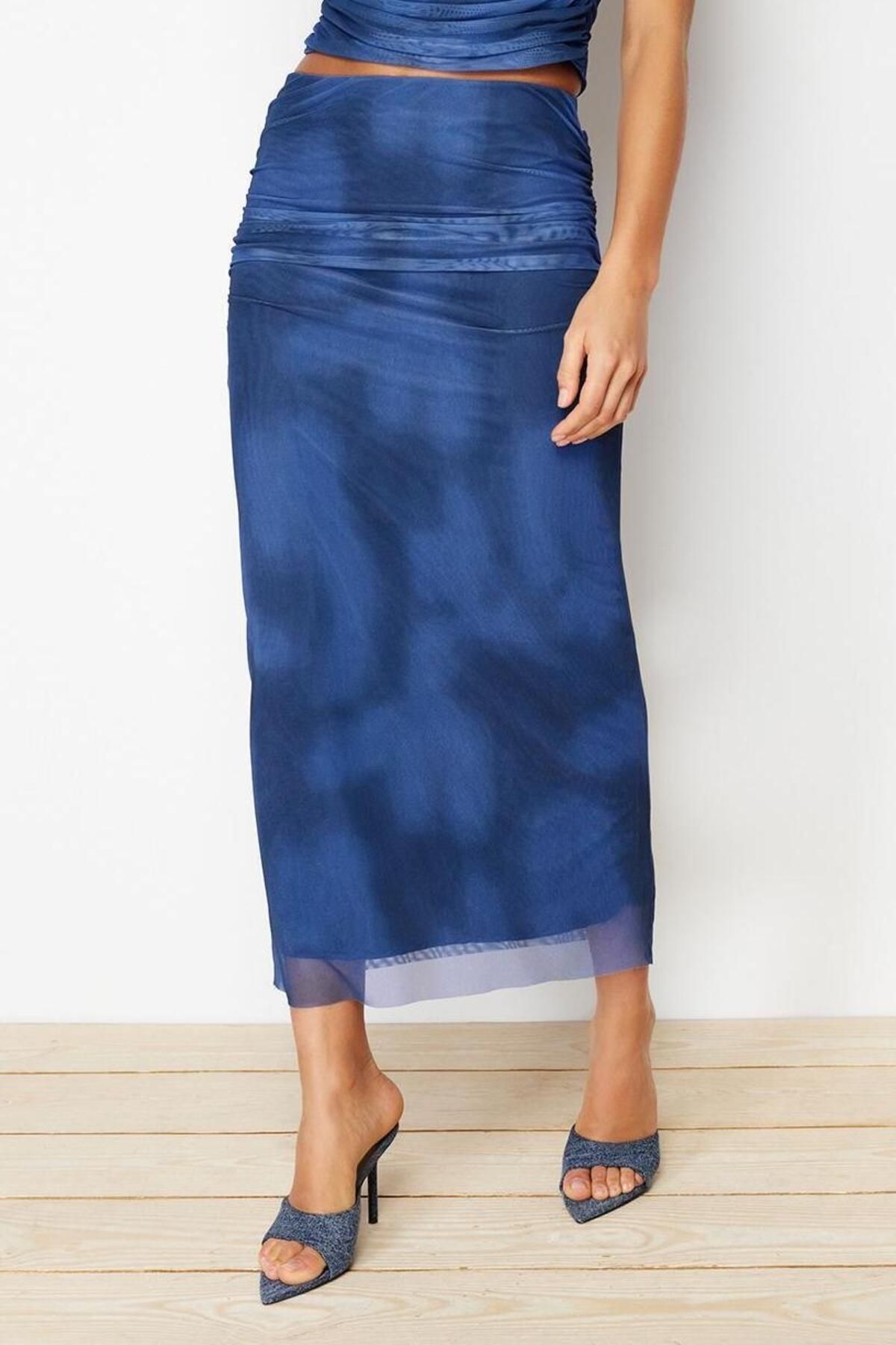 Kadın Örme Maxi Etek; Soyut Desen Kalem Kalıp Beli Lastikli Astarlı Yaz Aylarının Vazgeçilmezi - Görsel 4