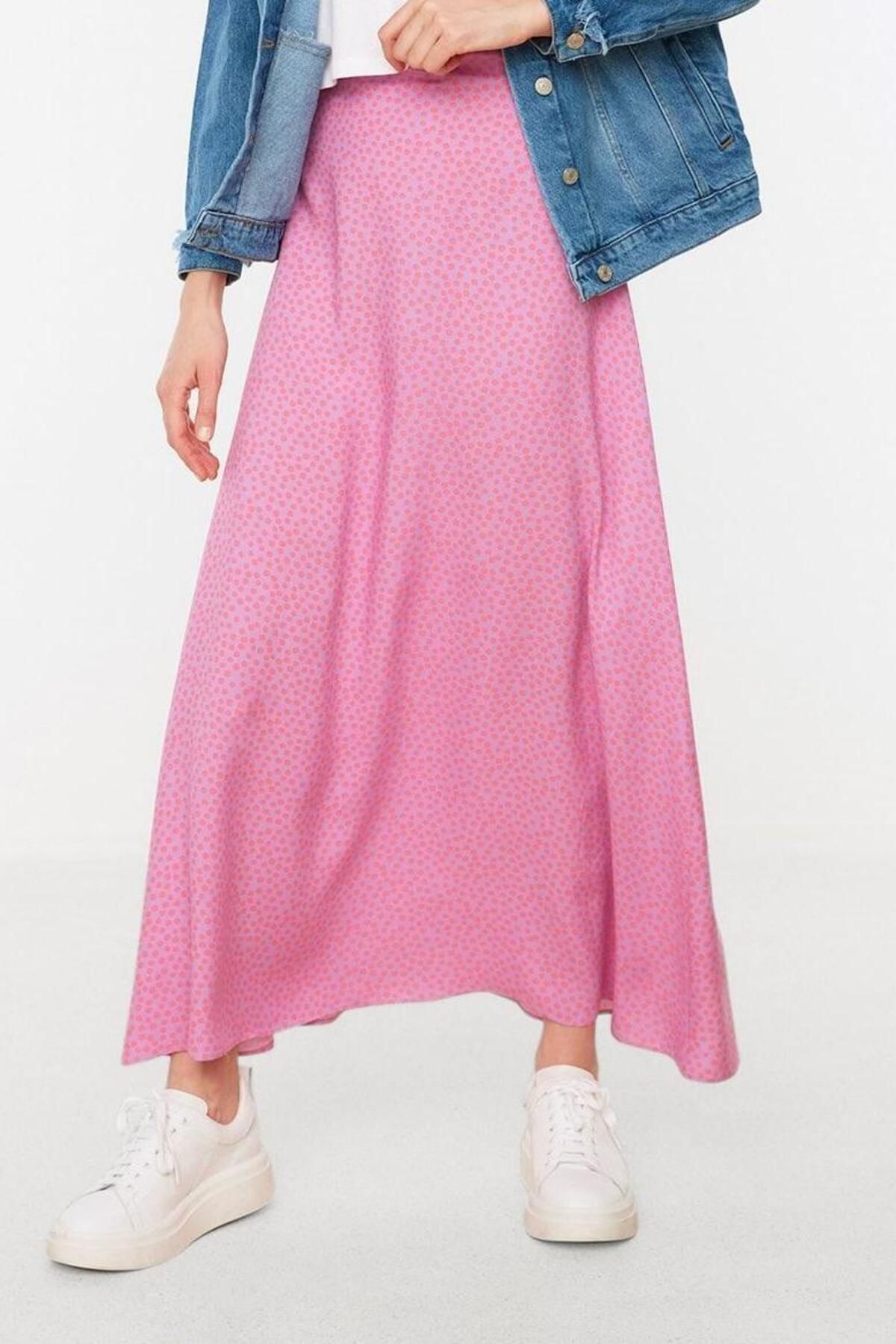 Moda Tesettür Regular Çiçekli Desen Günlük Maxi Boy Puantiye Desenli Çan Dokuma Etek - Görsel 4