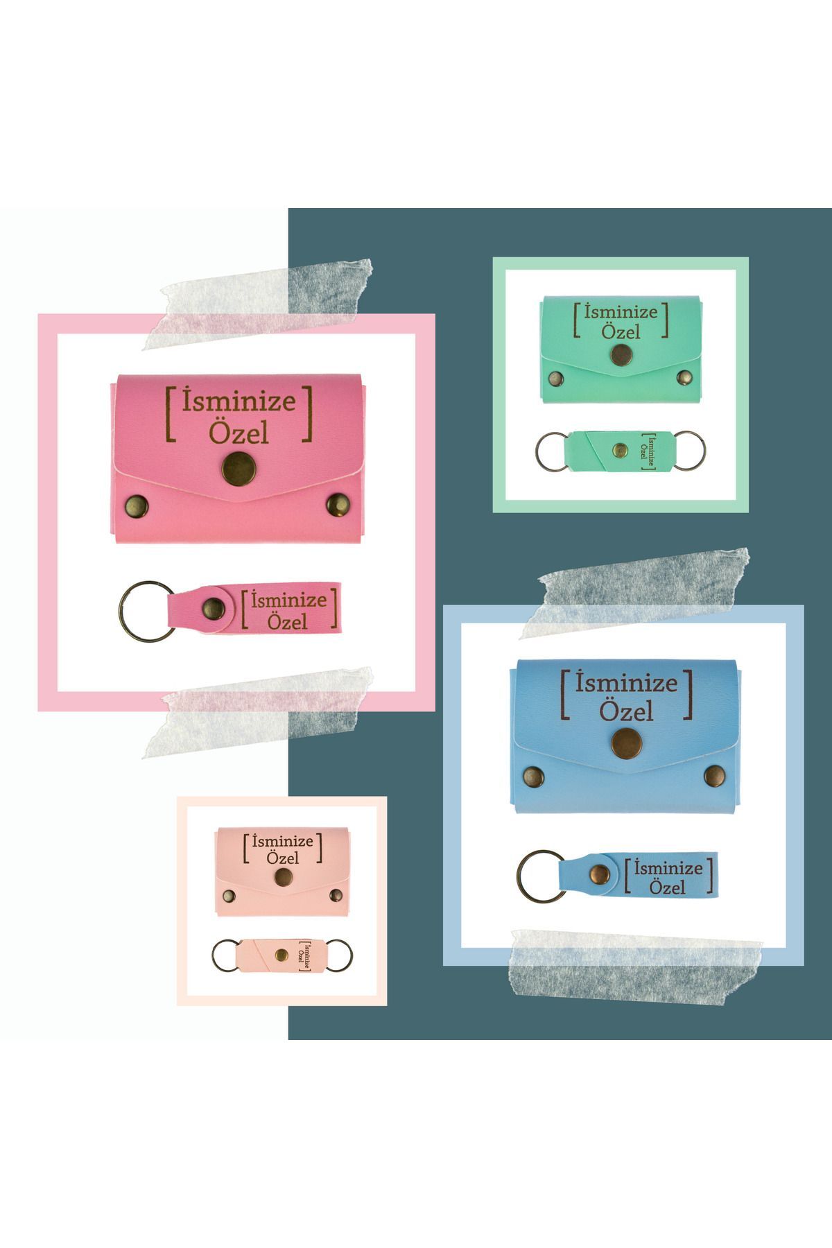 Asortishey-Pink Color, Question Mark Pattern, Name-Customized, Wallet and Keychain Set, Lovers' Sporty Set 4